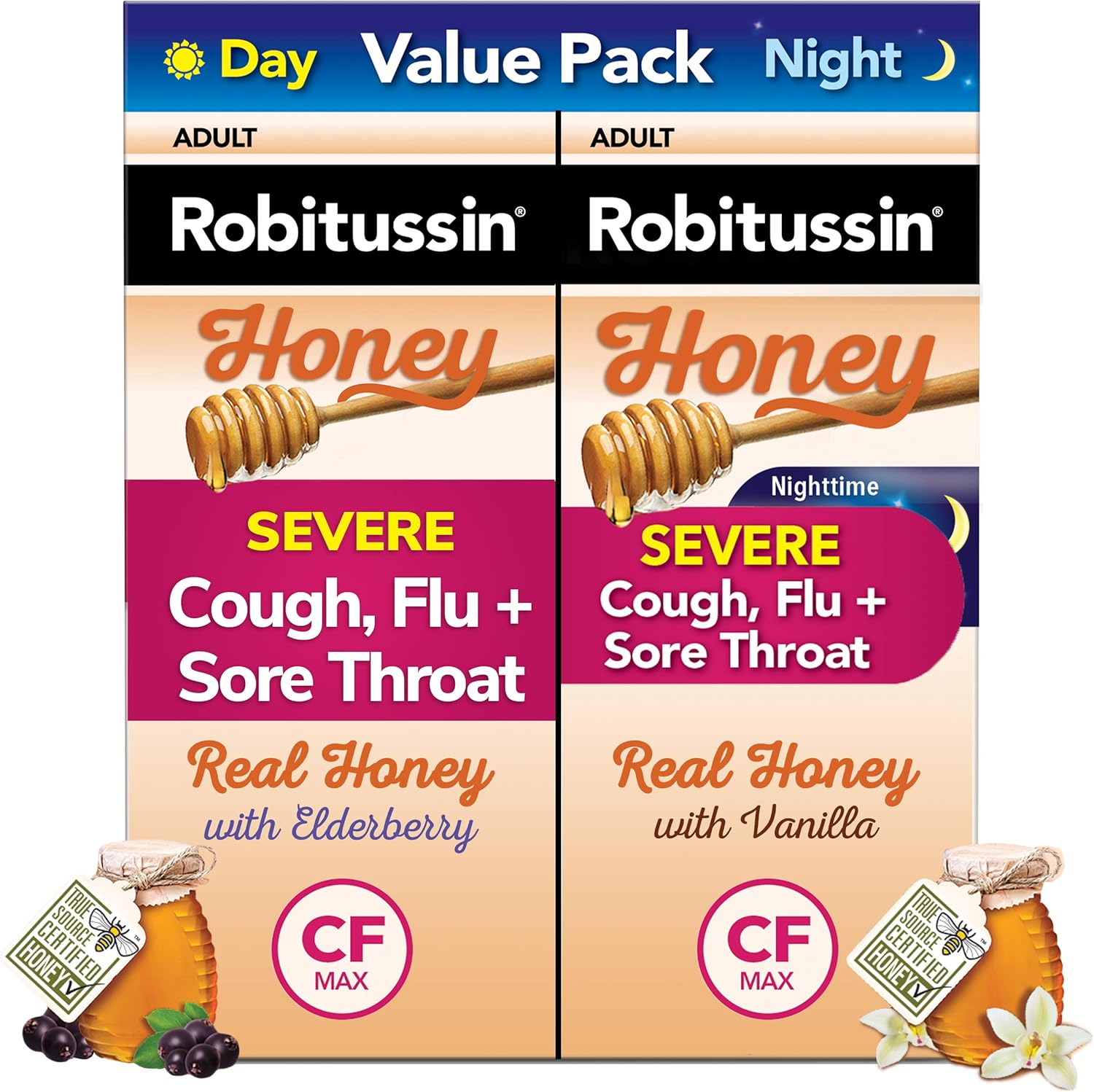 Robitussin Severe Cough Flu & Sore Throat Day & Night Value Pack Ages 12+ Honey, 4 Ounce : Health & Household