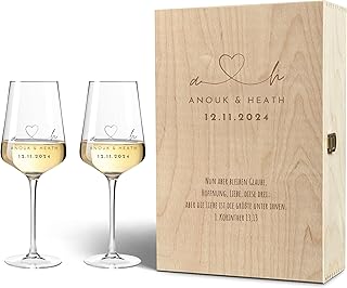 VILLA ROSA LOTTA - Personalisierte Leonardo Weingläser in gravierter Holzkiste - Hochzeitsgeschenk für Brautpaar, Geschenk zur Hochzeit, Verlobung - Name, Datum, Spruch (Gläser + Kiste)