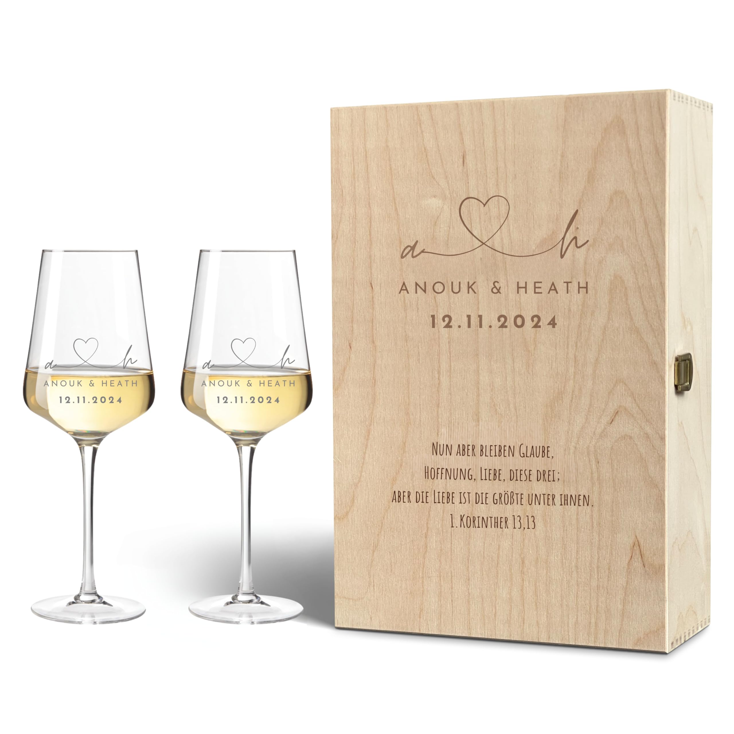VILLA ROSA LOTTA - Personalisierte Leonardo Weingläser in gravierter Holzkiste - Hochzeitsgeschenk für Brautpaar, Geschenk zur Hochzeit, Verlobung - Name, Datum, Spruch 750 ml (Gläser + Kiste)