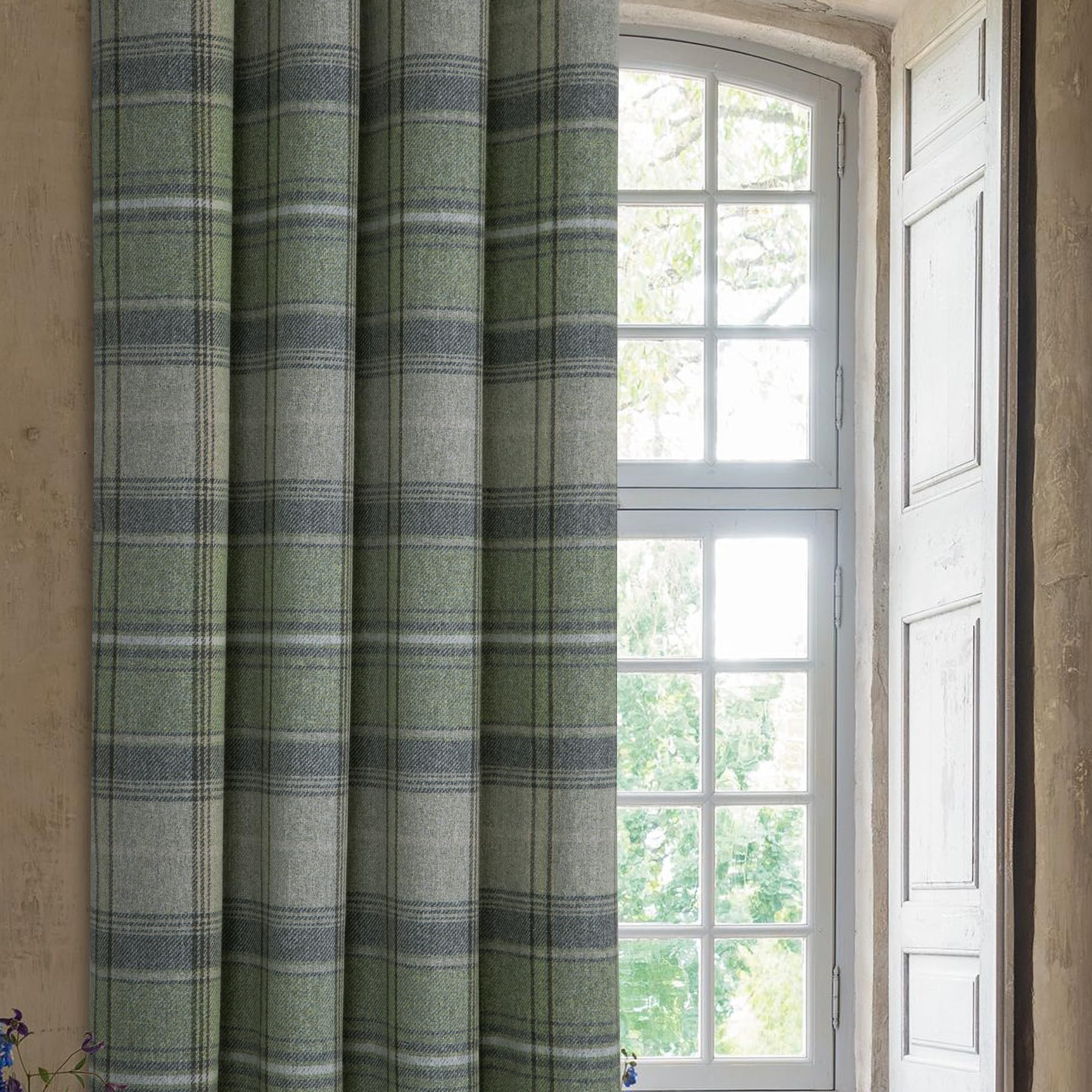 always4u Rideaux occultants œillets 117 x 183 cm Vert Tartan brossé Laine Highland