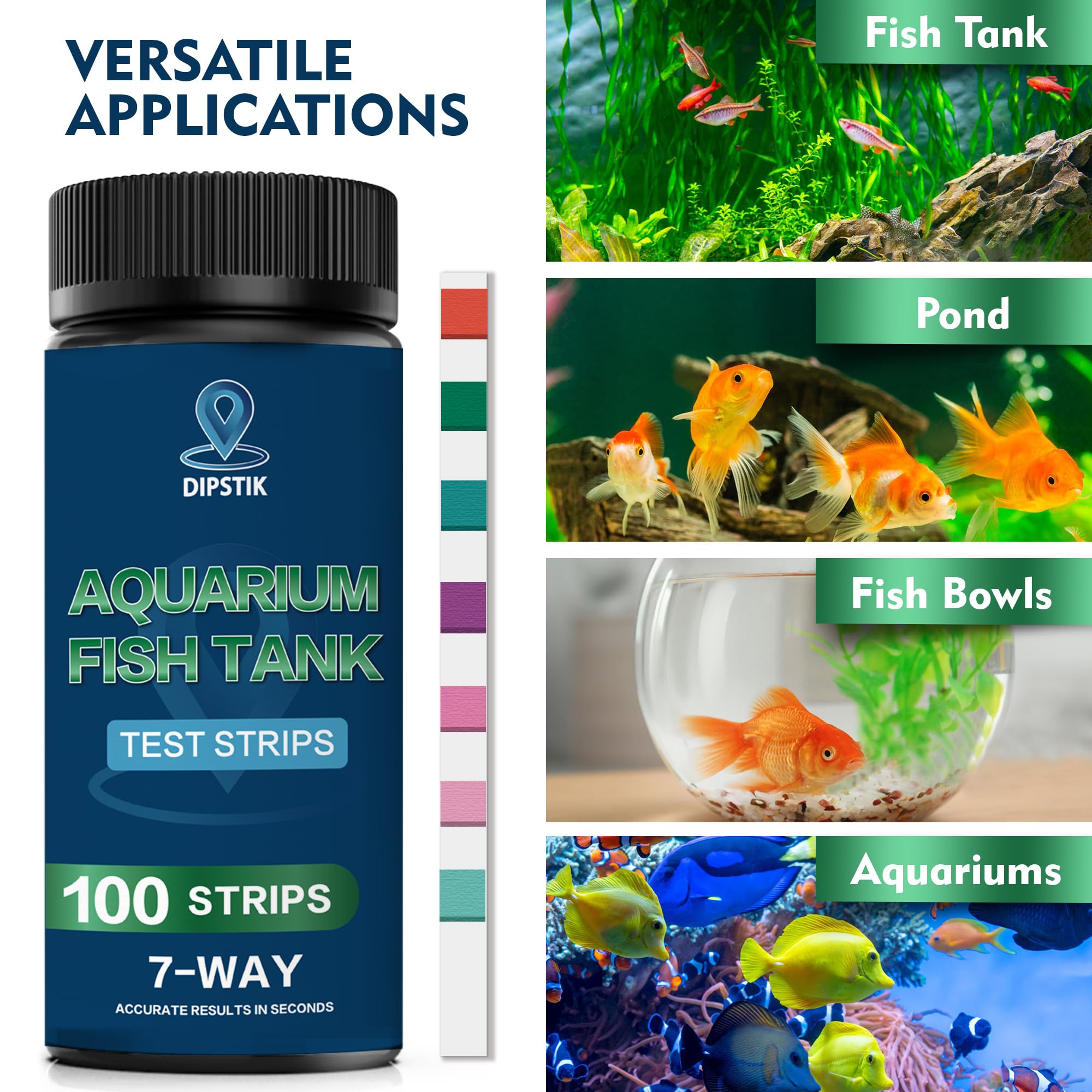 Aquarium Test Strips, 7-Way Aquarium Test Kit for Freshwater Saltwater,100 Strips Quick and Accurate Fish Tank Pond Test Strips,Test Nitrate, Nitrite, Chlorine,Hardness,Alkalinity, Carbonate, Ph
