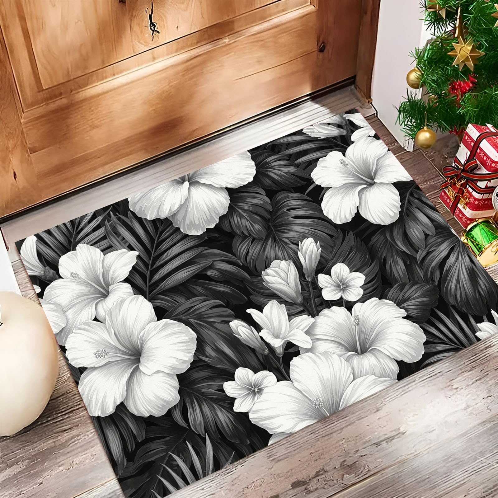 Felpudo entrada casa absorbente de 90x150 cm con ilustración floral en tinta negra