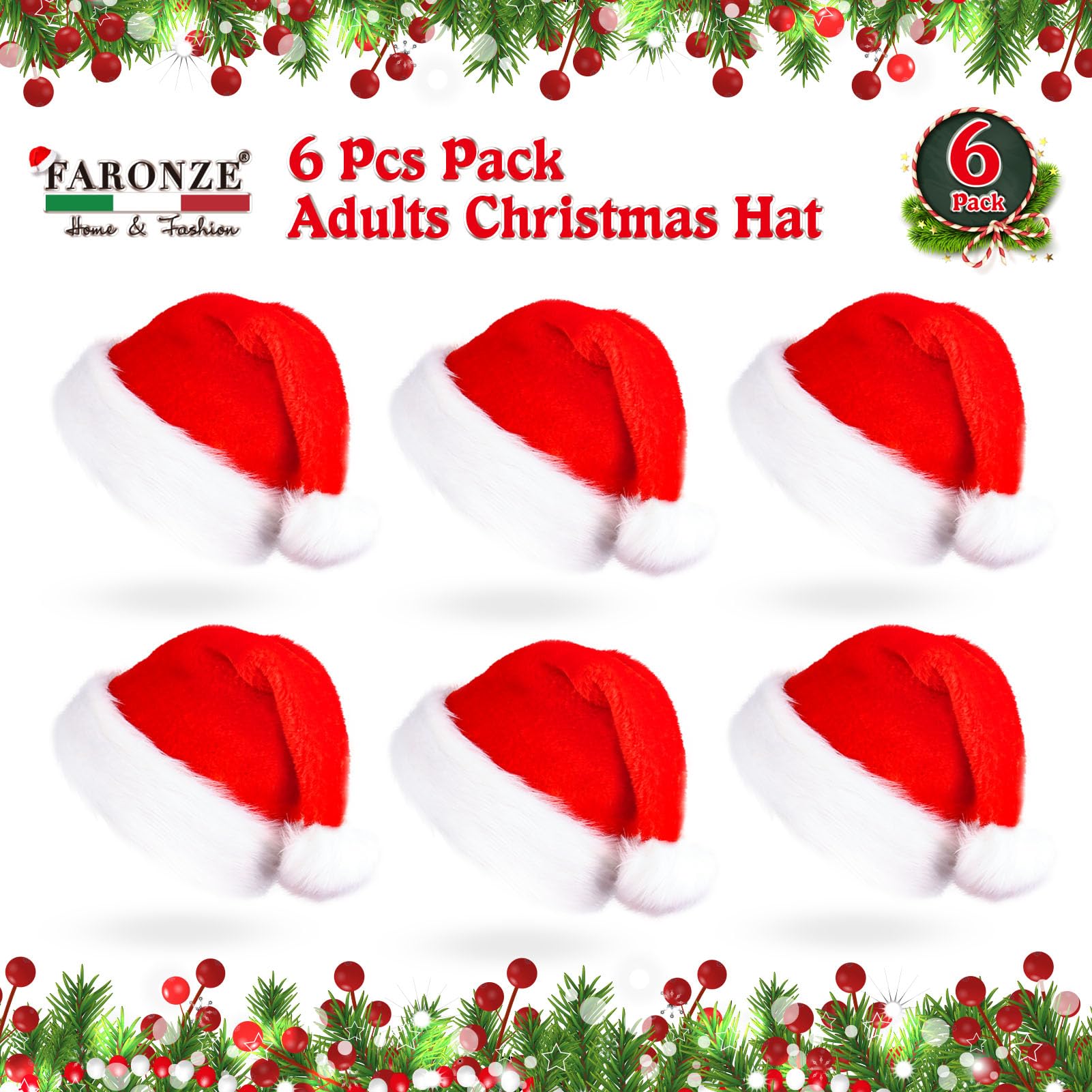 Paquete de 6 sombreros de Navidad de felpa de Papá Noel, cómodos sombreros de Navidad de terciopelo rojo para regalos de fiesta de Navidad, tamaño adulto