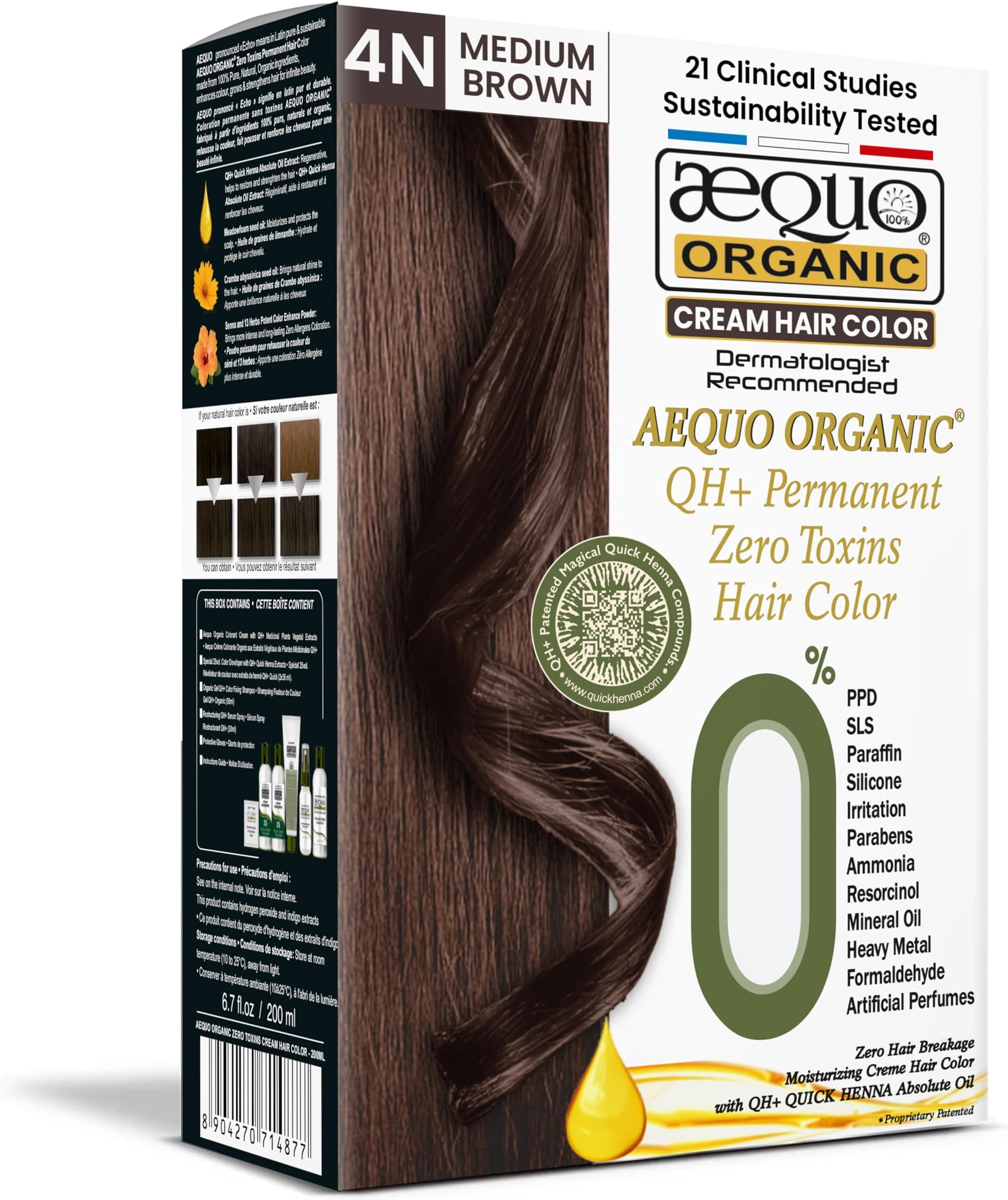 Aequo Organic Cream Hair Dye for Men and Women 200ml Long Lasting Natural Colour for Hair, Beard and Moustache | 100% Grey Coverage 4N Medium Brown 200ml