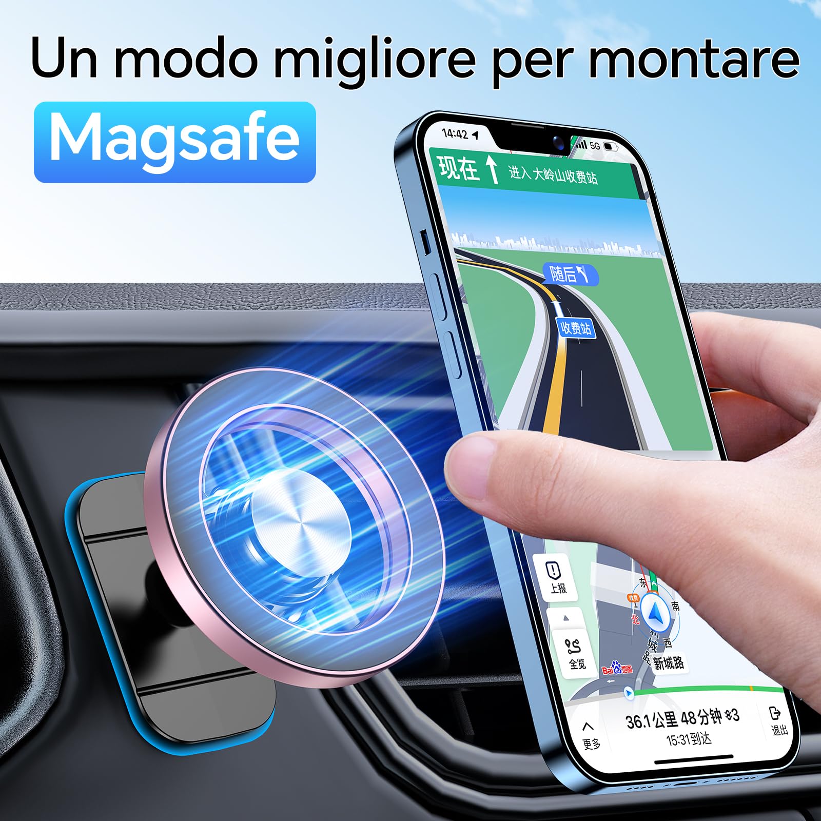 Coolpow Porta Cellulare Auto con Magsafe【20 Potente Magnetico 】 Supproto Telefono Auto Magnetico【360°】 Porta Telefono AUto Per Il Cruscotto & Presa d'Aria Automobile Compatibile con iPhone 17,Rosa