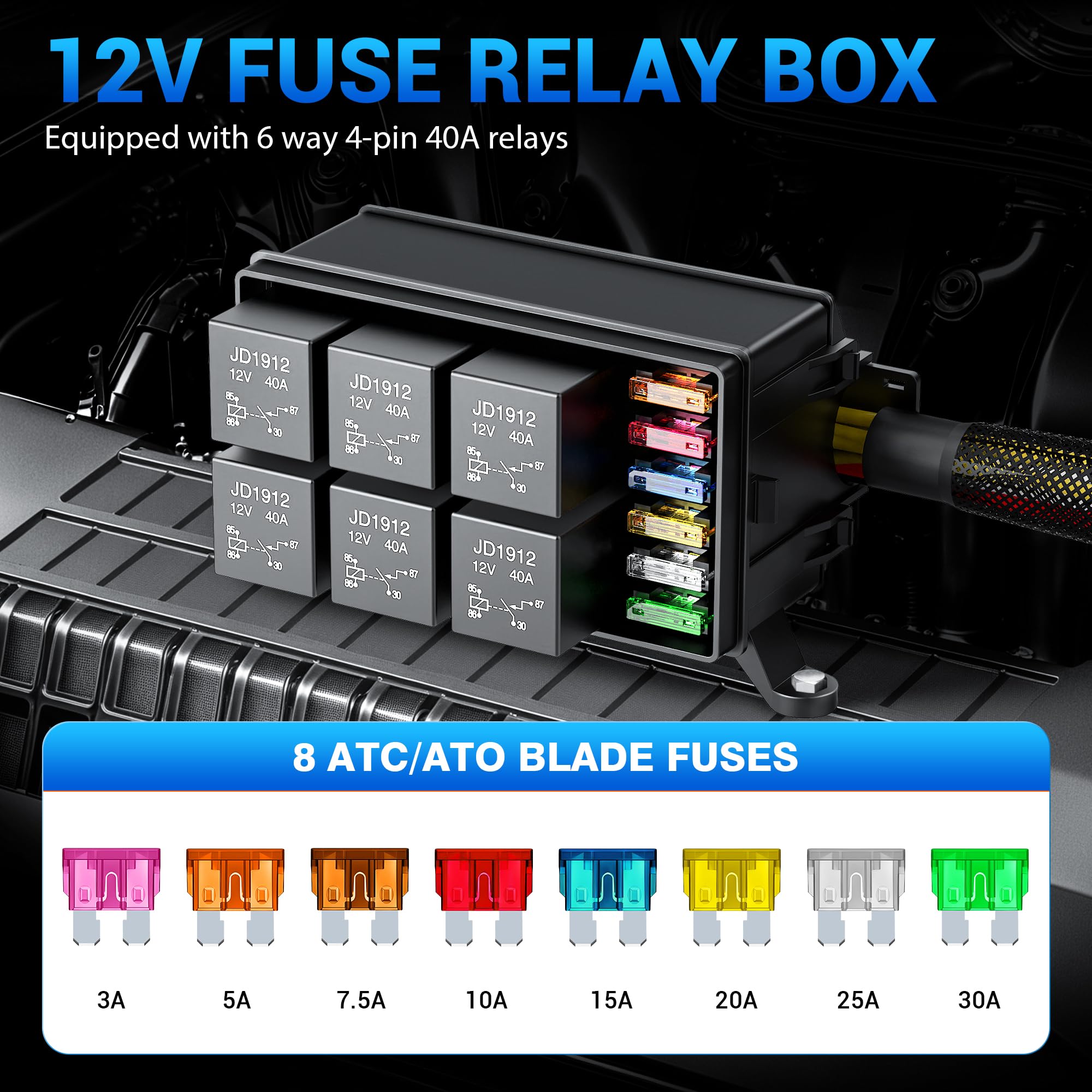 MICTUNING Scatola relè da 12 V e fusibile con 6 relè e 8 fusibili ATC/ATO, fusibile precablato e cassetta relè, blocco fusibili per auto, camion, marine, barche