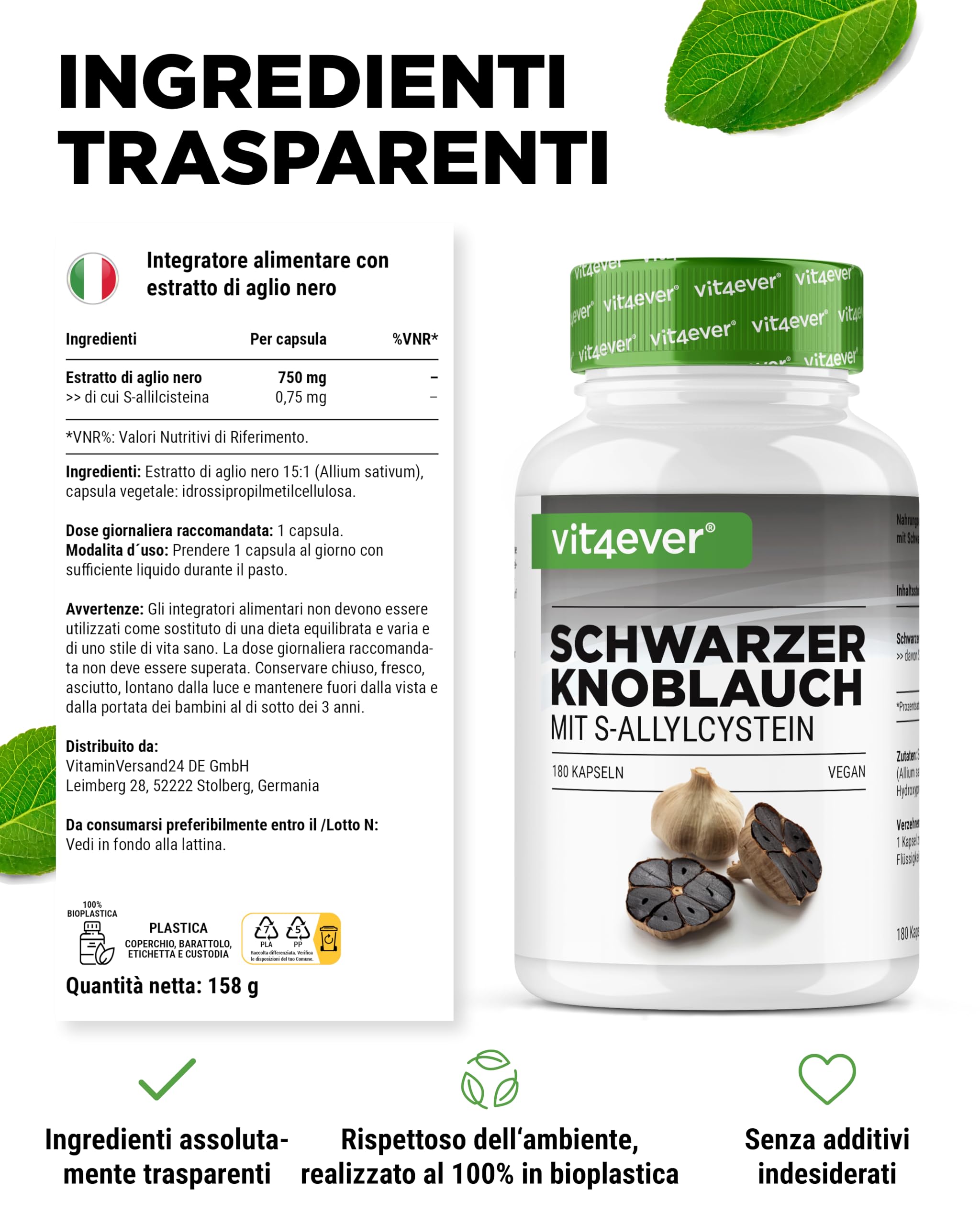Aglio nero 15:1 Estratto - 180 Capsule da 750 mg - Premium: Con S-Allylcysteine (SAC) - Fermentato - Inodore - Testato in laboratorio - Altamente dosato - Vegan