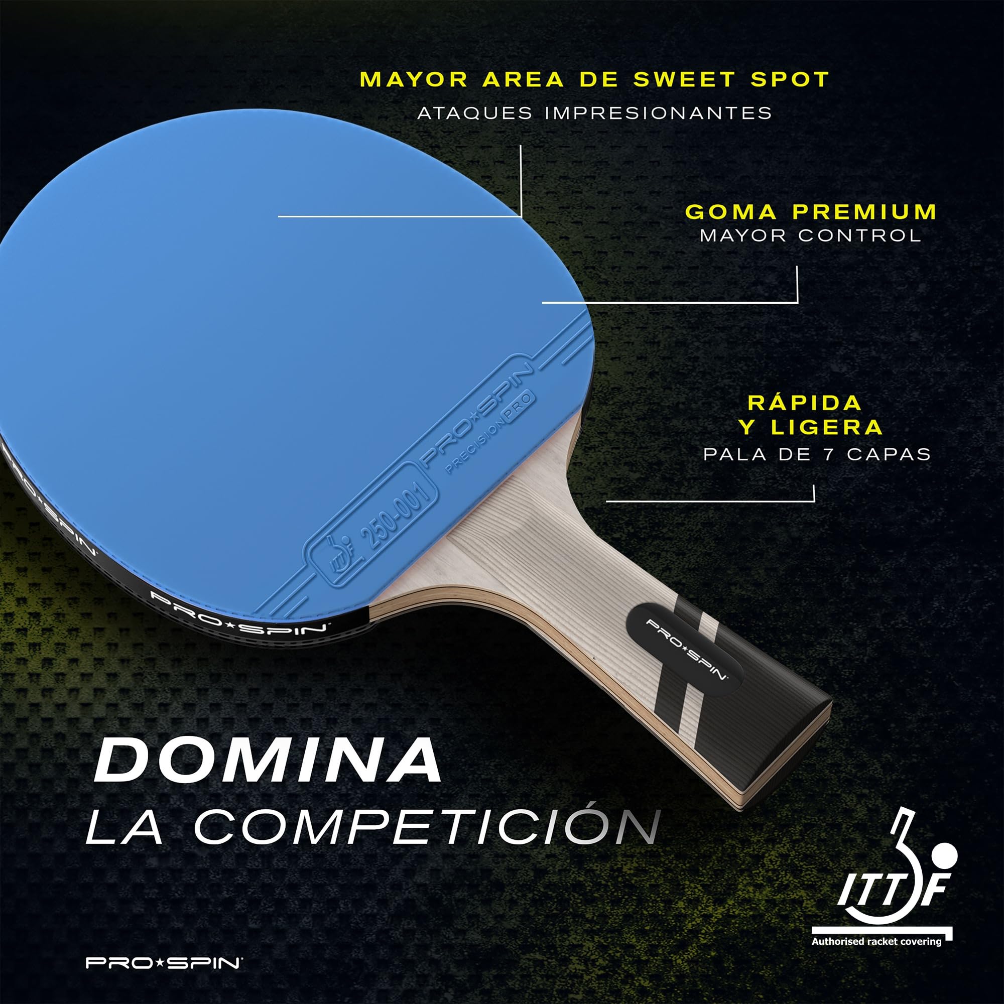 PRO-SPIN Palas de Ping Pong Homologada ITTF Fibra de Carbono Madera 7-Ply Goma Ofensiva Esponja 2 mm