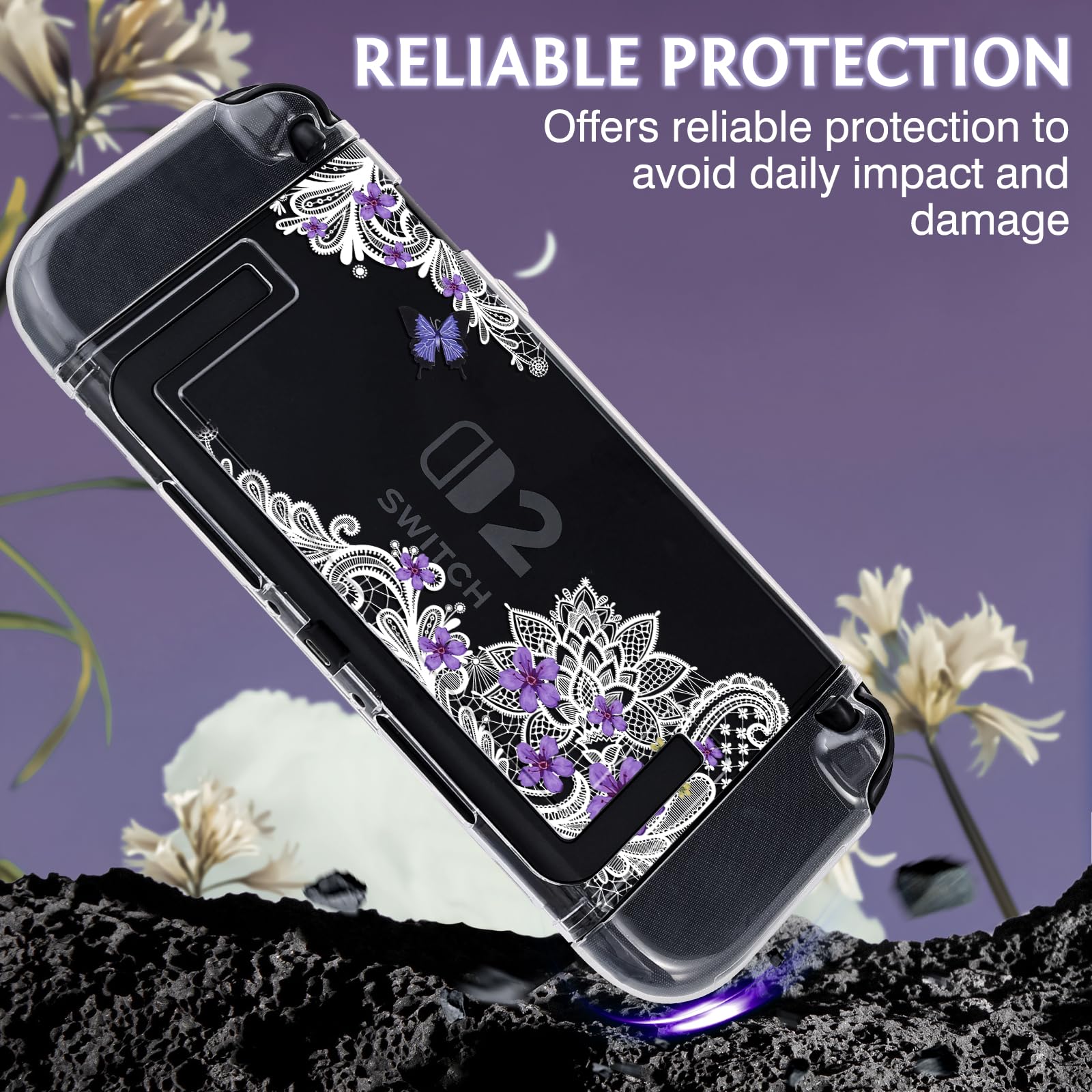 DLseego Protective Case Flower Floral Clear Switch 2 (2025), Detachable Joy-Handle Protective Case 2-Piece Split Full Wrap PC Hard Shell Anti-Scratch All-Round Protection Cover, Butterfly, Purple - 5
