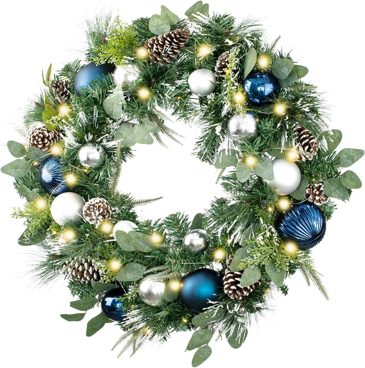 WANNA-CUL Pre-Lit 30 Inch Large Christmas Wreath for Front Door with 50 Led Lights, Silver Blue Lighted Christmas Door Wreath Decor with Ball Ornaments,Pine Cones, Battery Operated 01-sliver Blue