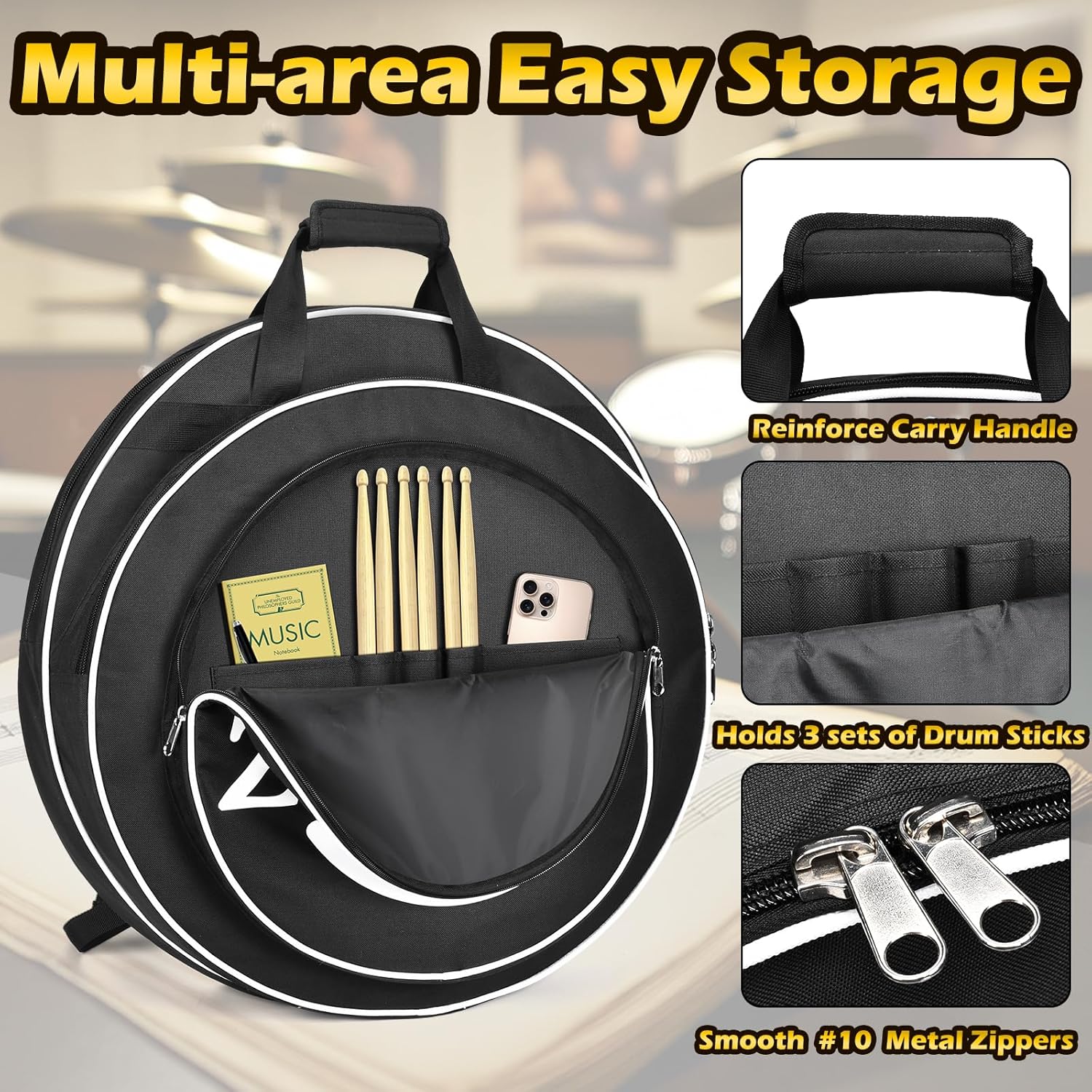 22" Cymbal Bag with 6mm Padded Dividers, Drum Cymbal Gig Bag with Carry Handles, Backpack Straps, and Double Layer Protection, Fits 22-Inch Cymbals and Accessories