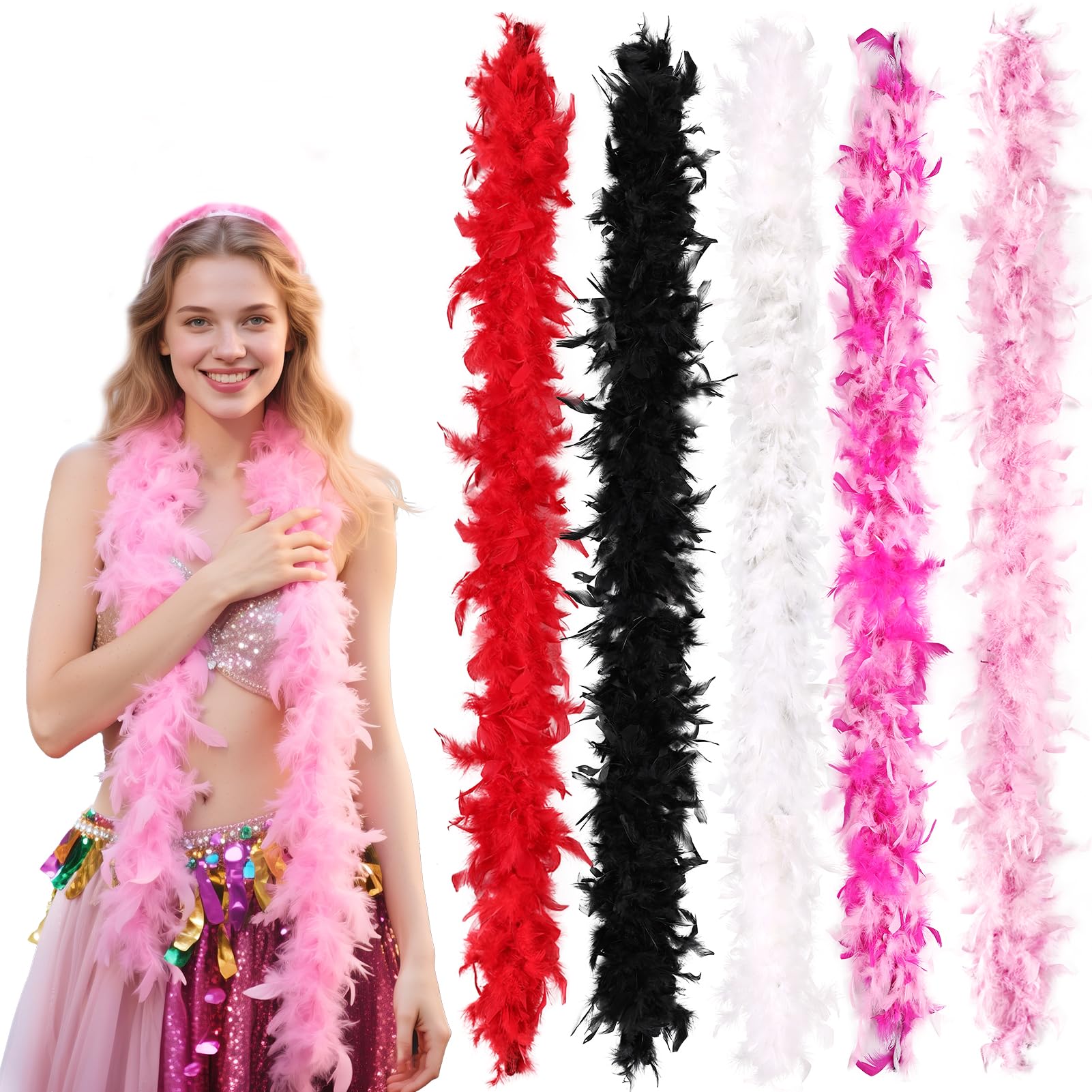MAOFENG 5pcs Chandelle Turkey Feather Boa 1.64 Yards 30g for Halloween Dancing Wedding Party DIY Craft Costume Decoration Feather Boa,White,Black,Red,Pink, Fuchsia&Pink