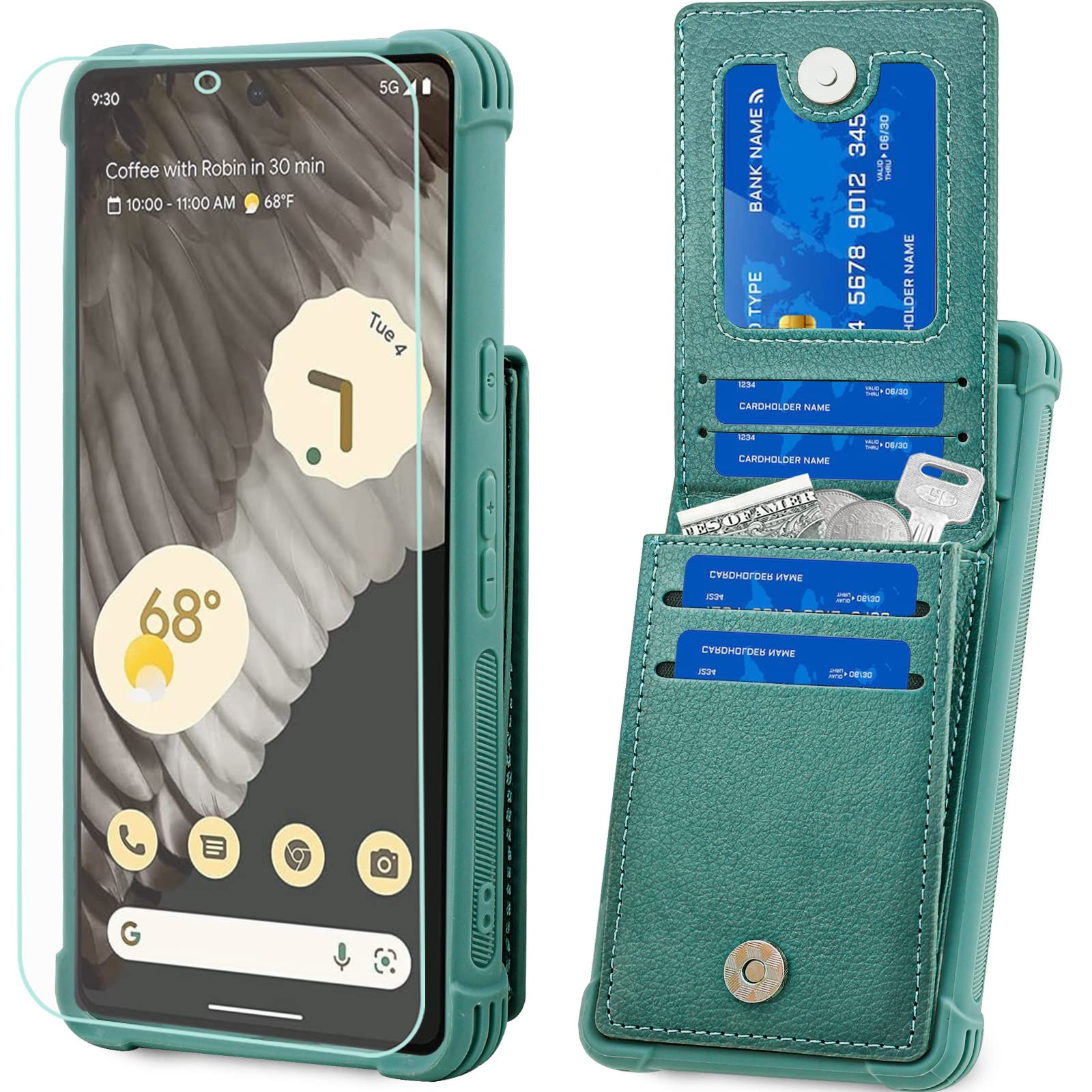 VANAVAGY Compatible for Google Pixel 7 Pro Wallet Case for Women and Men,Leather Magnetic Clasp Flip Folio Phone Cover with Credit Card Holder and Coin Pocket,Forest Green