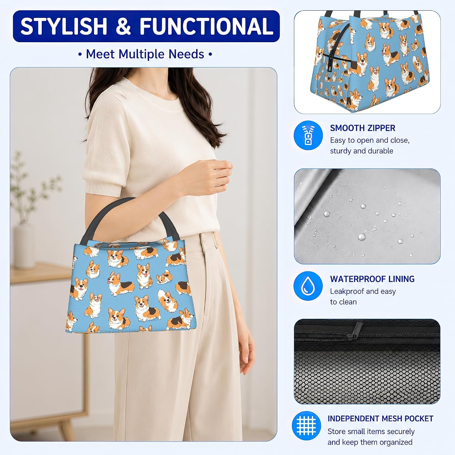 Lunch Bag for Women,Cute Corgi Dog Kids Lunchbox Reusable Insulated Lunch Box Large Capacity Lunch Tote Bag for Work, Picnic or Travel image 4
