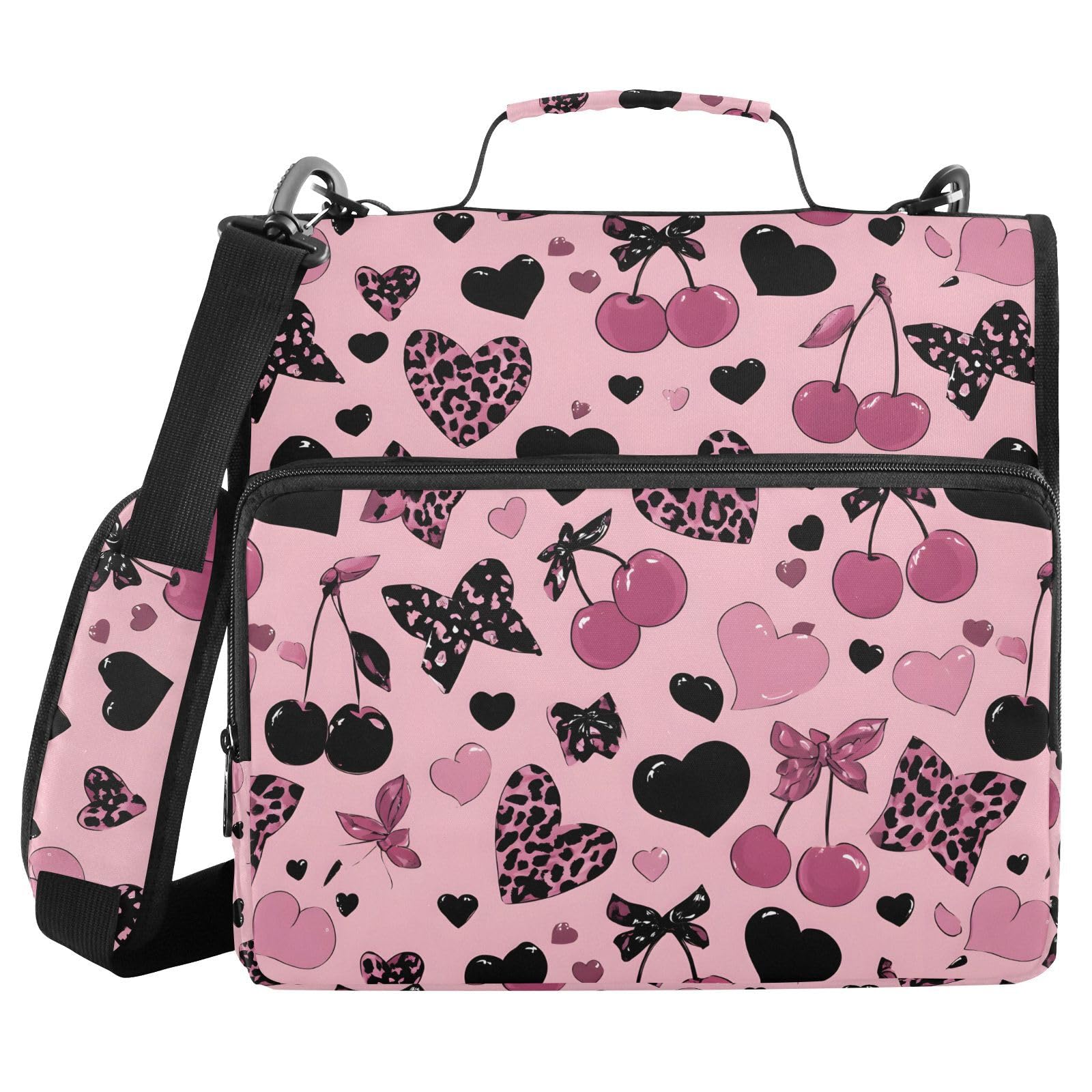 3 Ring Zipper Binder Pink Black Leopard Bow Cherry Binders Bag with Shoulder Strap 500 Sheets Paper Organizer Trapper Keeper Documents Storage File