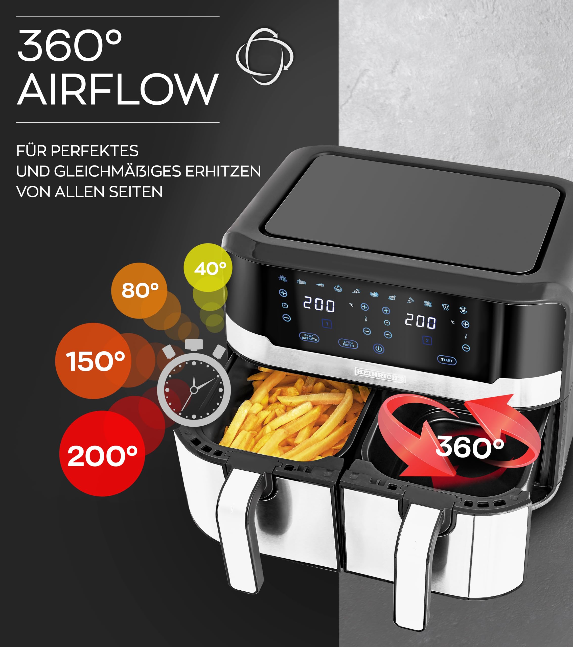 HEINRICHS frytkownica na gorące powietrze, podwójna frytkownica na gorące powietrze, XXL Air Fryer, frytkownica na gorące powietrze z podwójną komorą, 9 programów, wyświetlacz LED z obsługą dotykową,