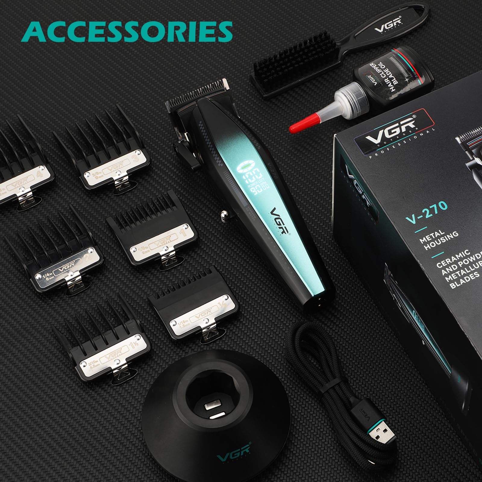 VGR 270 cortapelos para hombres profesionales, de bajo ruido, inalámbrica, de alta velocidad, 9000 RPM, cuchilla de cerámica de decoloración fresca, kit de corte de pelo con 6 peines guía, base de 7
