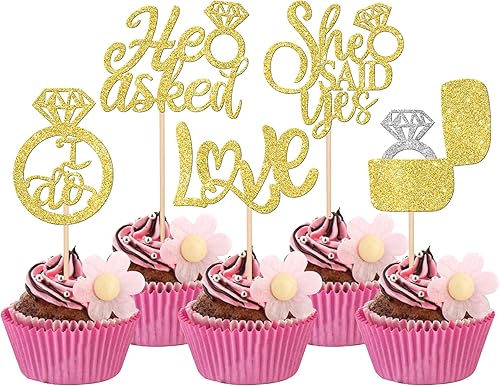 Miniatura 8 de 30 piezas de adornos para cupcakes con texto en inglés He Asked She Said Yes  Love I Do  Anillo de diamantes para bodas y despedidas de soltera,