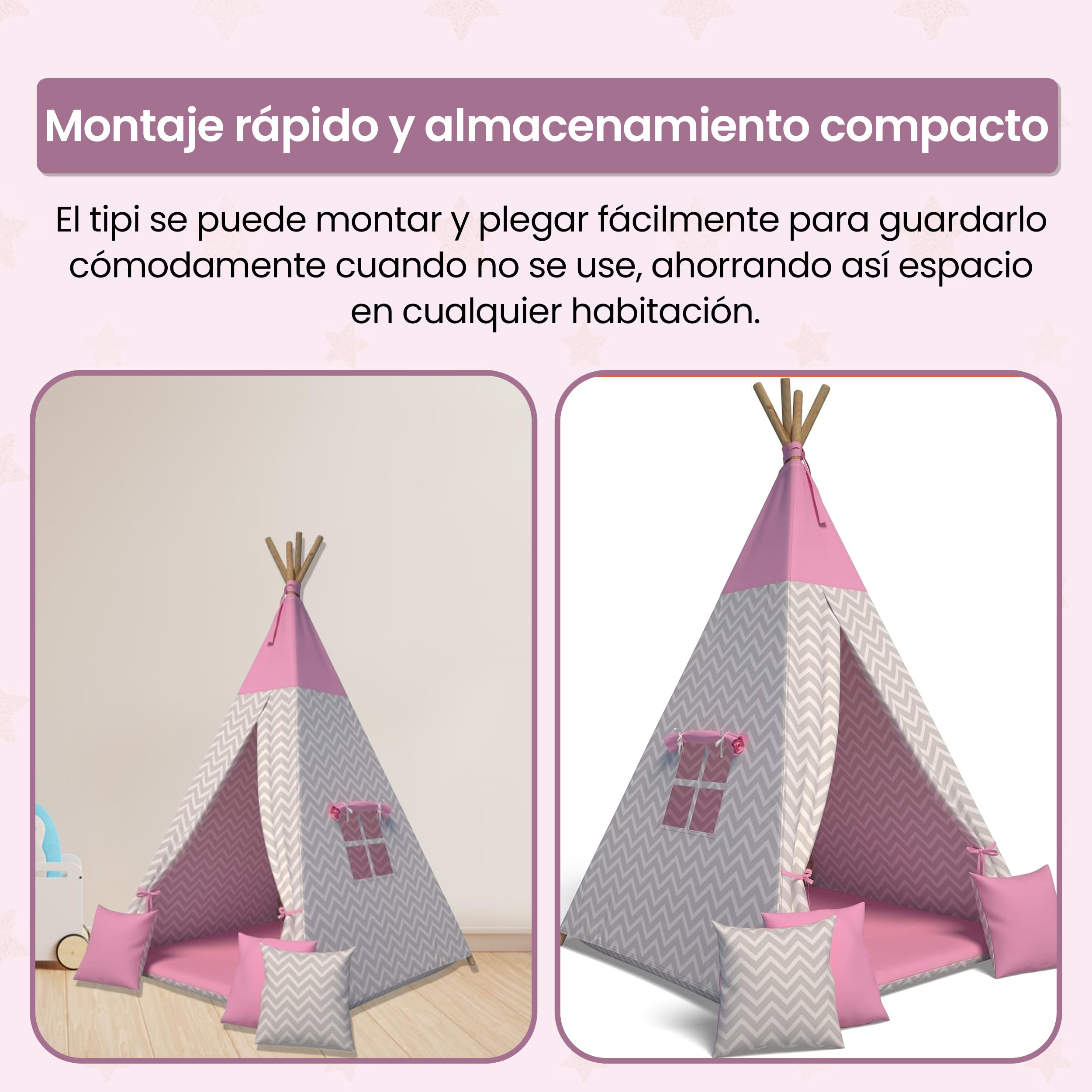Tienda Tipi para Niños (Rosa) | Tienda de Campaña Infantil Interior | Carpa de Juegos con Cojines Suaves |Tipi Infantil Interior Seguro | Tienda de Juegos para niños Plegable