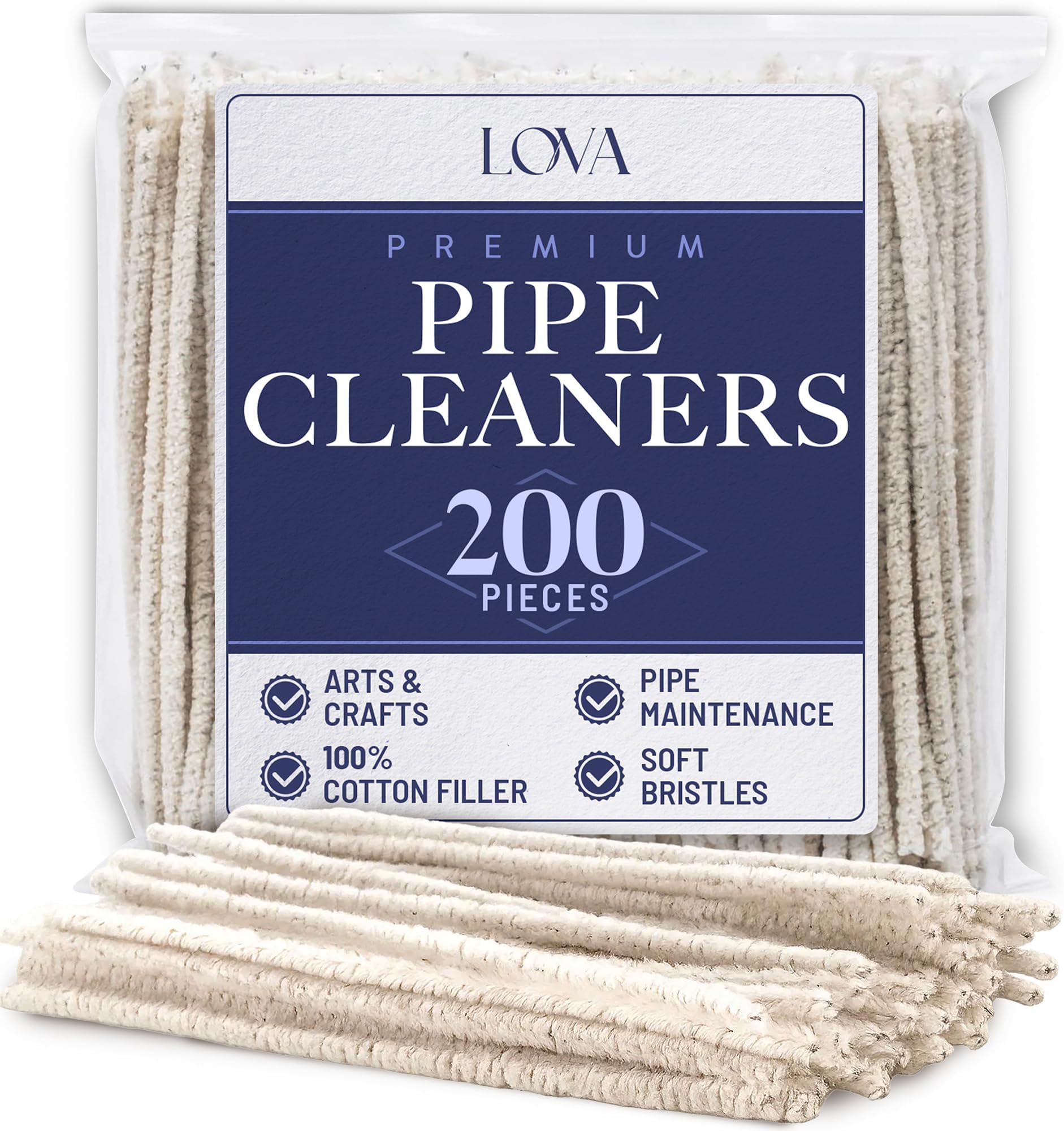 LOVA Soft Bristle Tobacco Pipe Cleaners, 200 Count 6-Inch 100% Cotton Stem Cleaning Brushes with Flexible Wire for Pipe Stems, Mouthpieces, Reusable Straws & Narrow Tubes