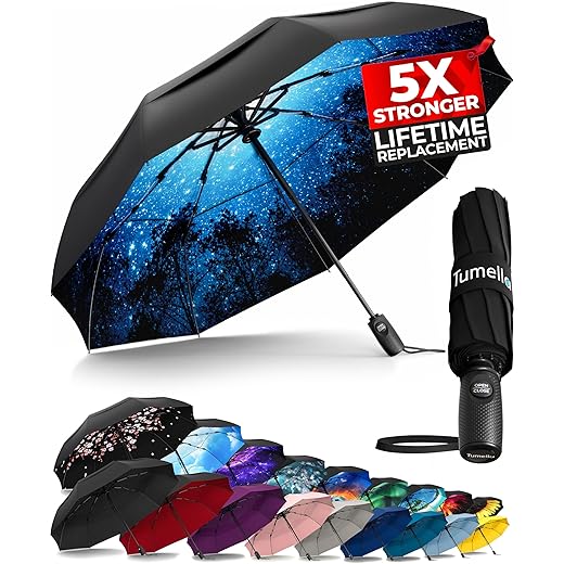 TUMELLA Strongest Windproof Travel Umbrella (Compact, Superior & Beautiful), Small Strong but Light Portable and Automatic Folding Rain Umbrella, Durable Premium Grip, Fits Car & Backpack