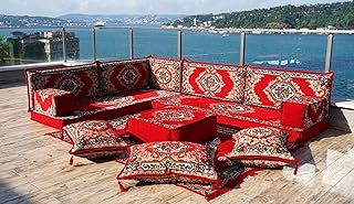 Floral Floor Sofa Seating Set, Arabic Floor Sofa Set, Garden Sofas, Oriental Floor Seating, Floor Cushions, Floor Couches, Arabic Majlis (L Sofa + Rug, 8'' Thickness (20 cm))