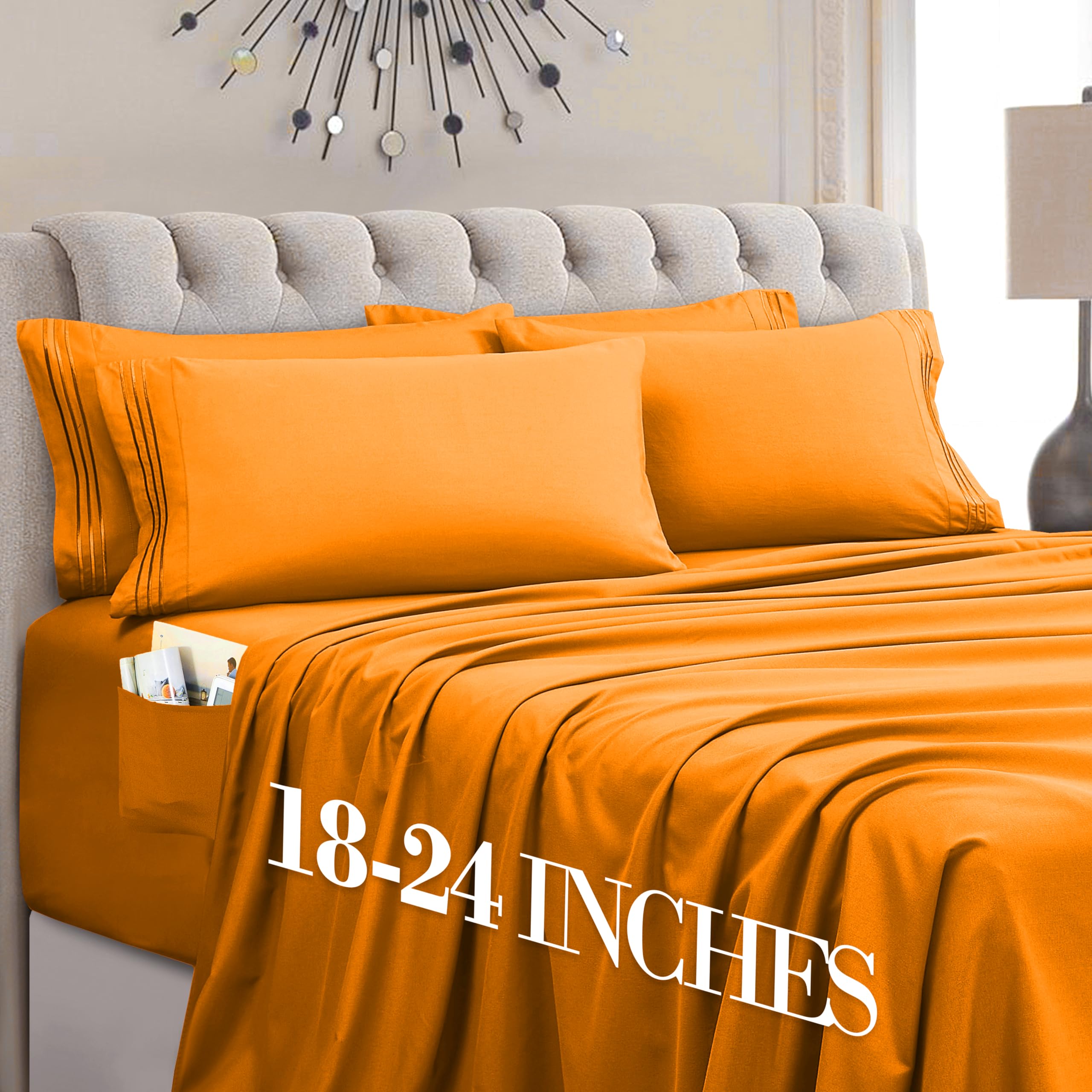 Mocassi Luxury 6-Piece Sheet Set, Ultra Soft 1800 Premium Hotel Quality Microfiber Sheet Set, Fits Mattresses Up to 18 to 24 Inches Extra Deep Pocket - Breathable and Secure Fit, Cal King, Orange