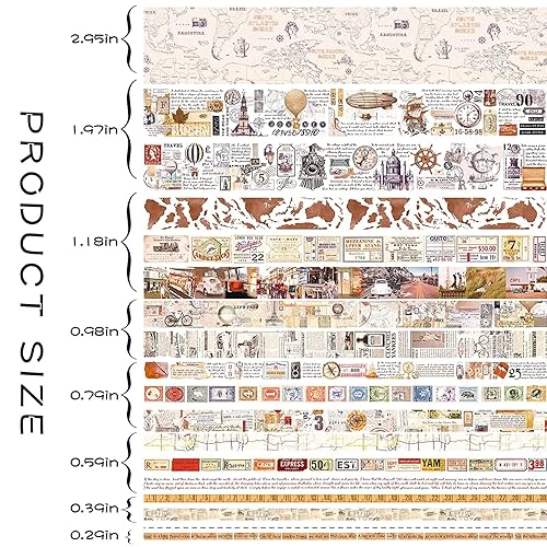 Miniatura 2 de Juego de 18 rollos de cinta washi vintage y 15 calcomanías de mapa, 755030252015100.197 in, sellos, letras antiguas, vacaciones, carteles, cinta