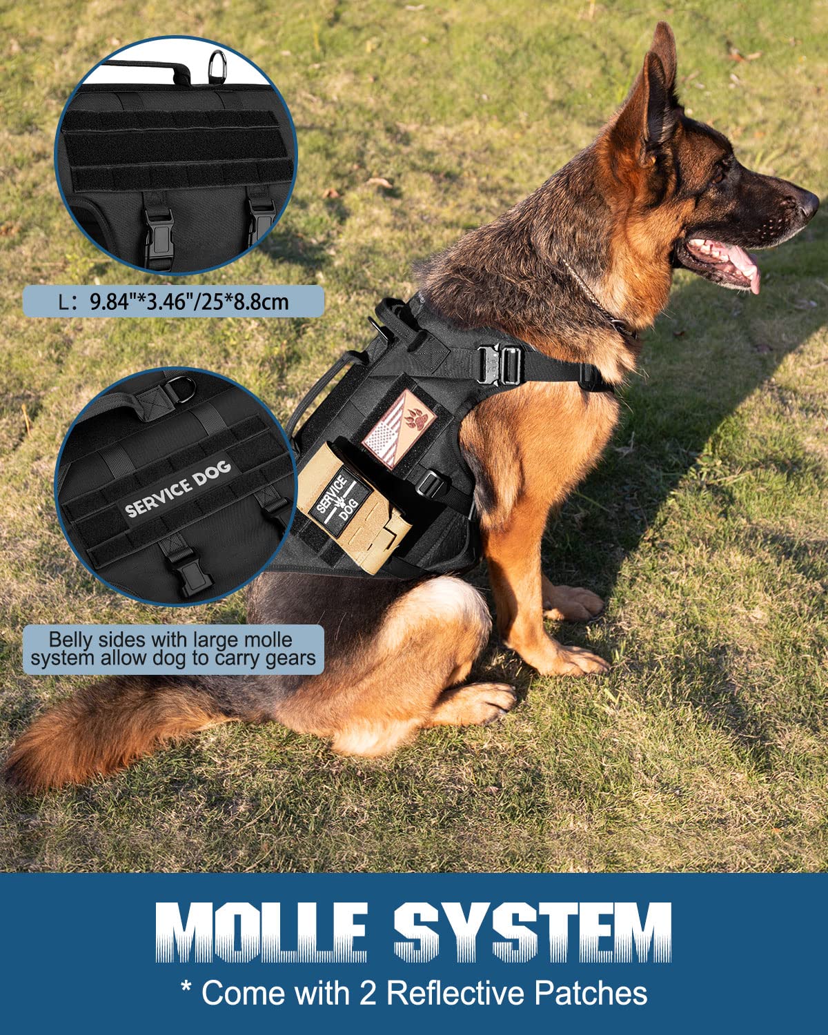 Arnés táctico para perros – Chaleco de servicio PETNANNY para perros grandes, cobertura completa del cuerpo en el arnés de entrenamiento para perro con 2 parches reflectantes para perros, asa, paneles