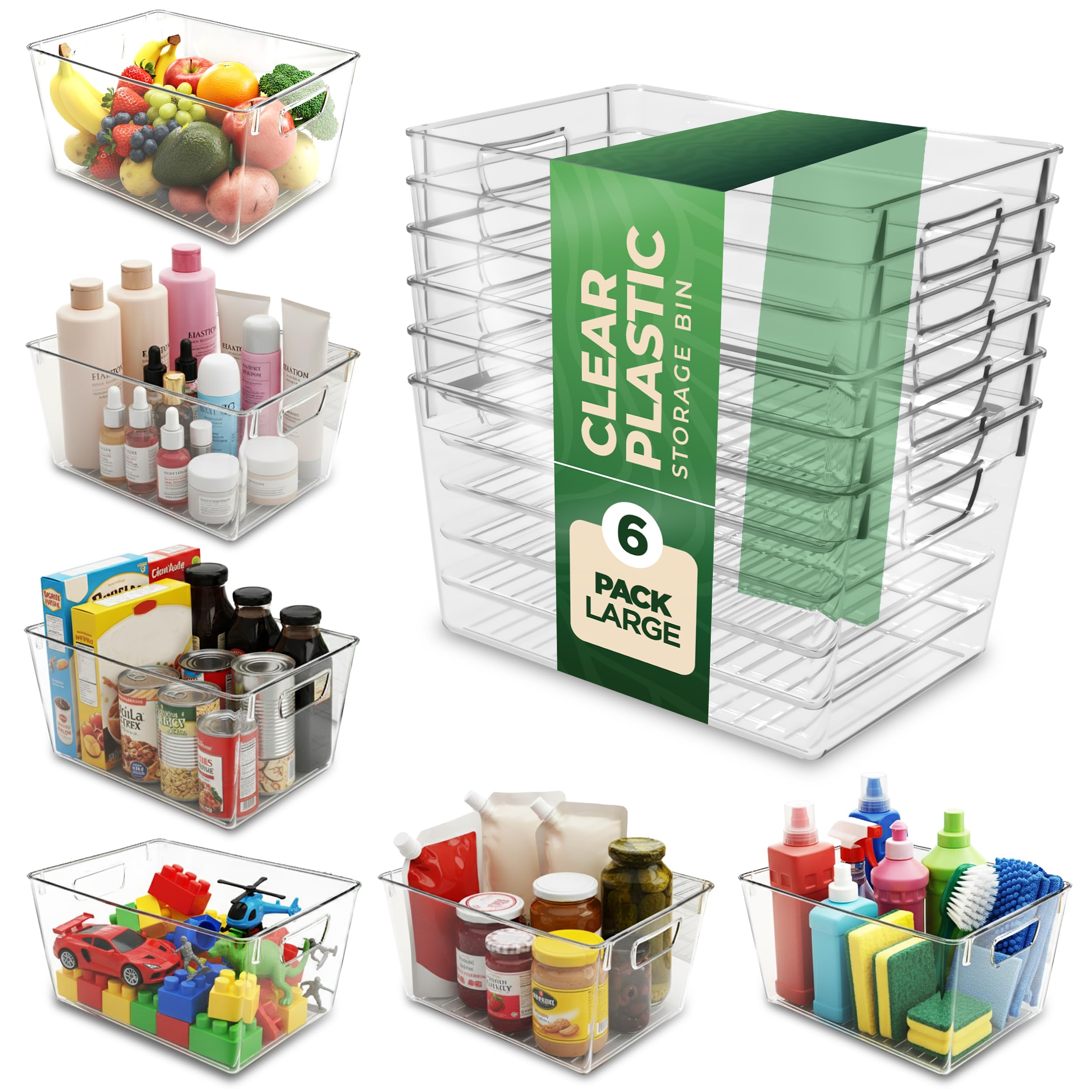 KICHLY Pantry Organizers and Storage Bins, Pack of 6 Clear Plastic Bins with Handles for Kitchen, Cabinet, Fridge & Shelf Organization, BPA-Free, Stackable Food Storage Containers