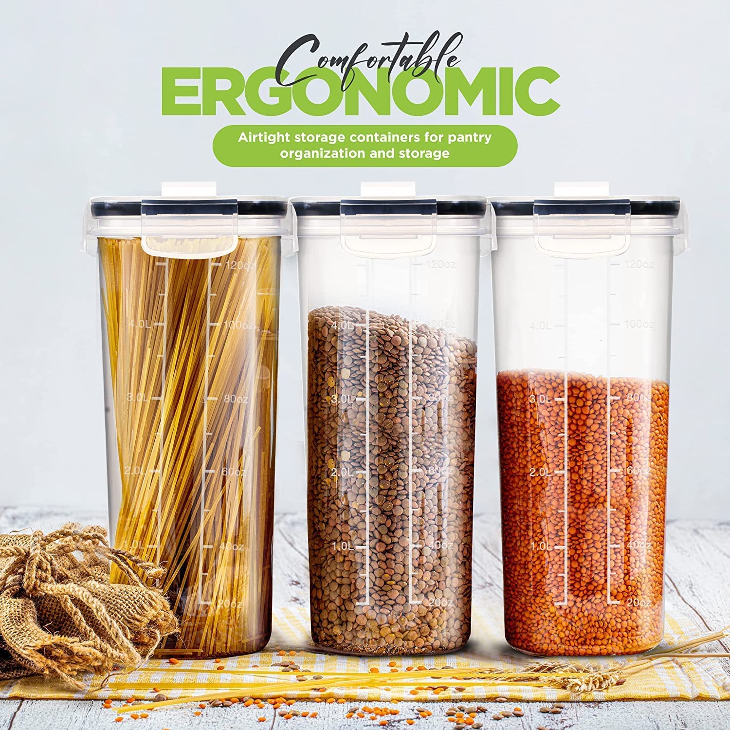 KICHLY Contenitore per cereali (Set di 6) - Plastica senza BPA - Contenitori ermetici per la cucina - Conservazione degli alimenti secchi – Contenitori cucina per l'organizzazione della dispensa