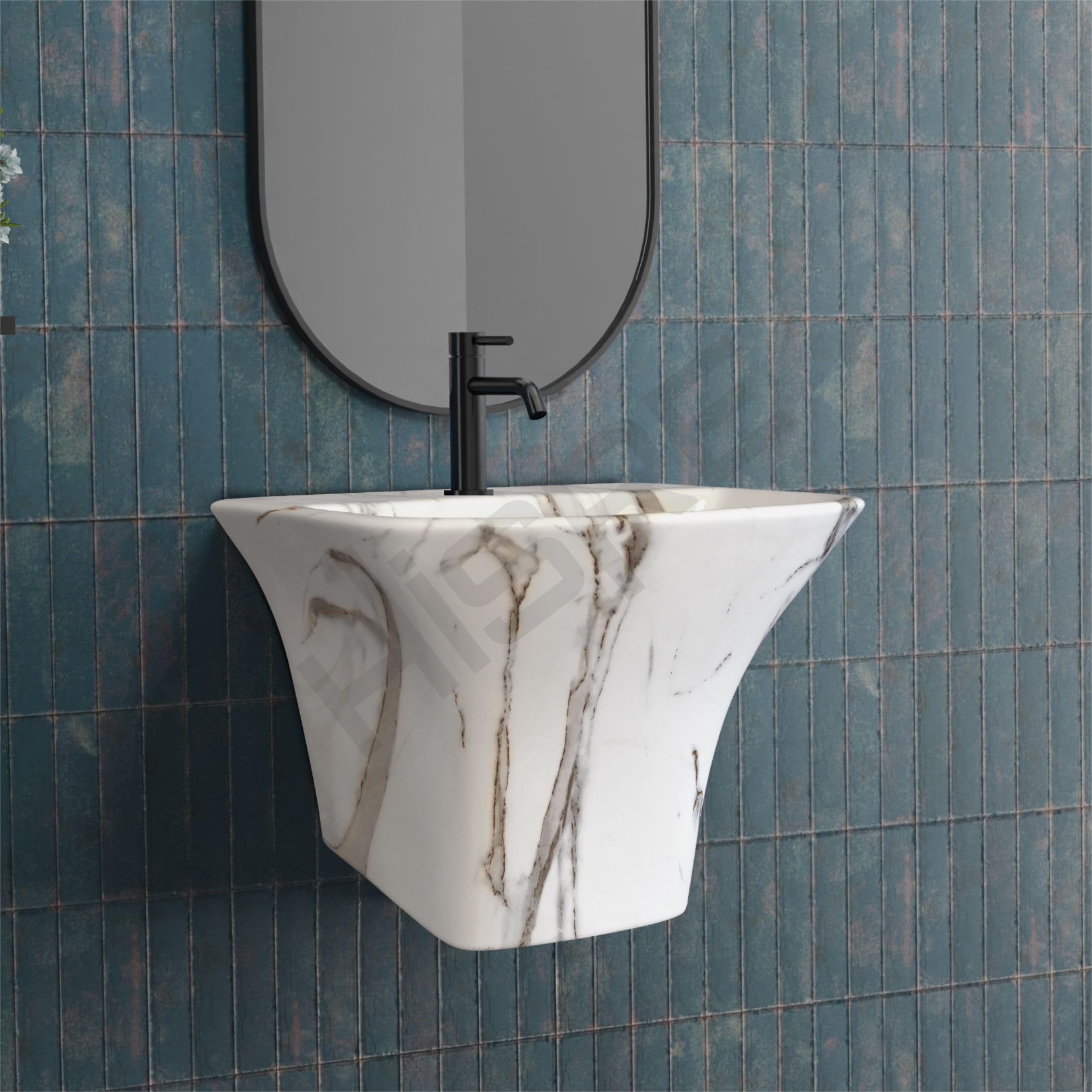 Hisre Modern Wall-Mounted Matte Ceramic Wash Basin with Curved Rectangular Design | Space-Saving Floating Bathroom Sink for Contemporary Interiors (HF1034), photo 2 of 5