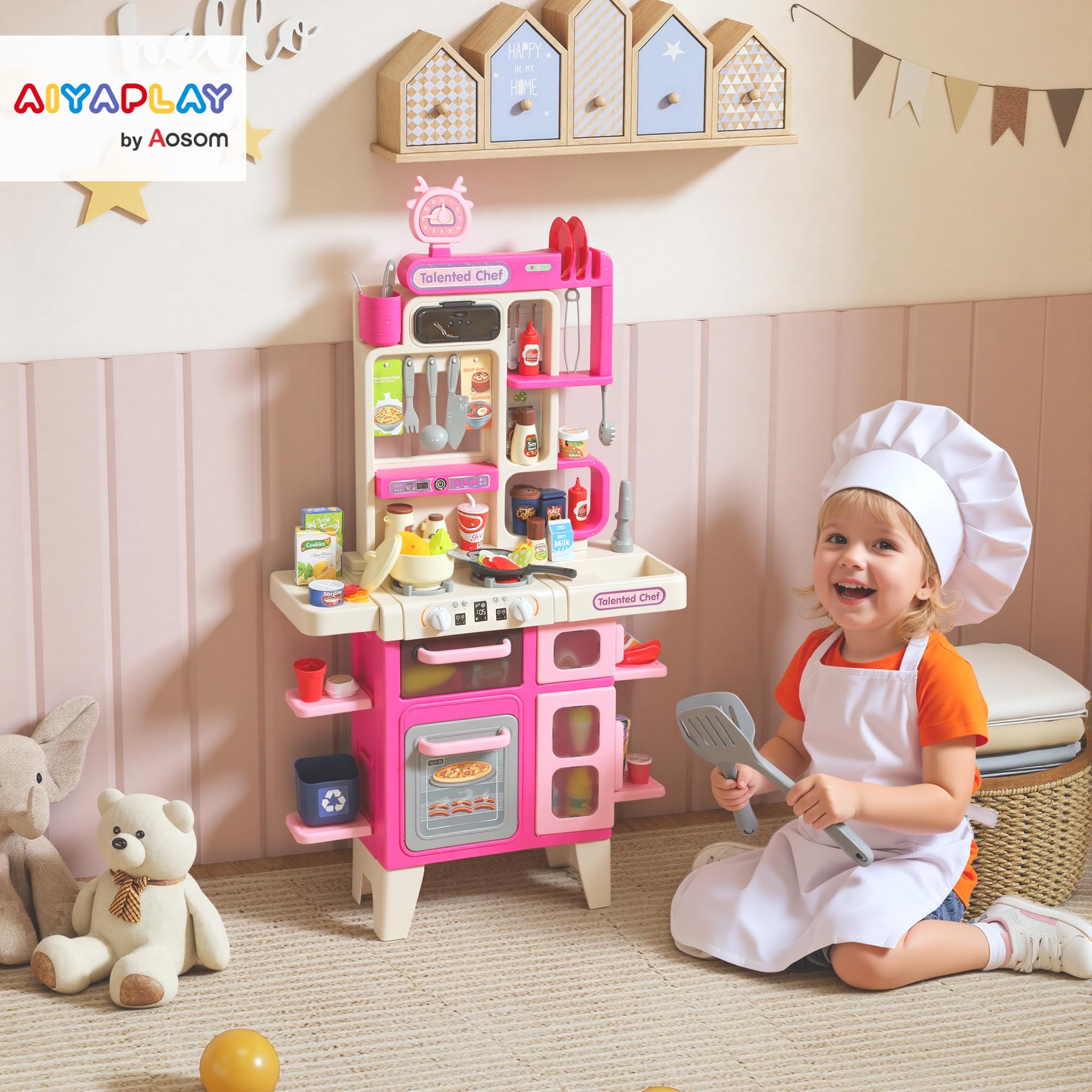 AIYAPLAY Cocina de Juguete con Luces y Sonido para Niños 52,5x22x100cm Rosa | Cocinita Infantil con Accesorios, Fregadero, Ollas, Utensilios, Alimentos Falsos, a Partir de 3 Años