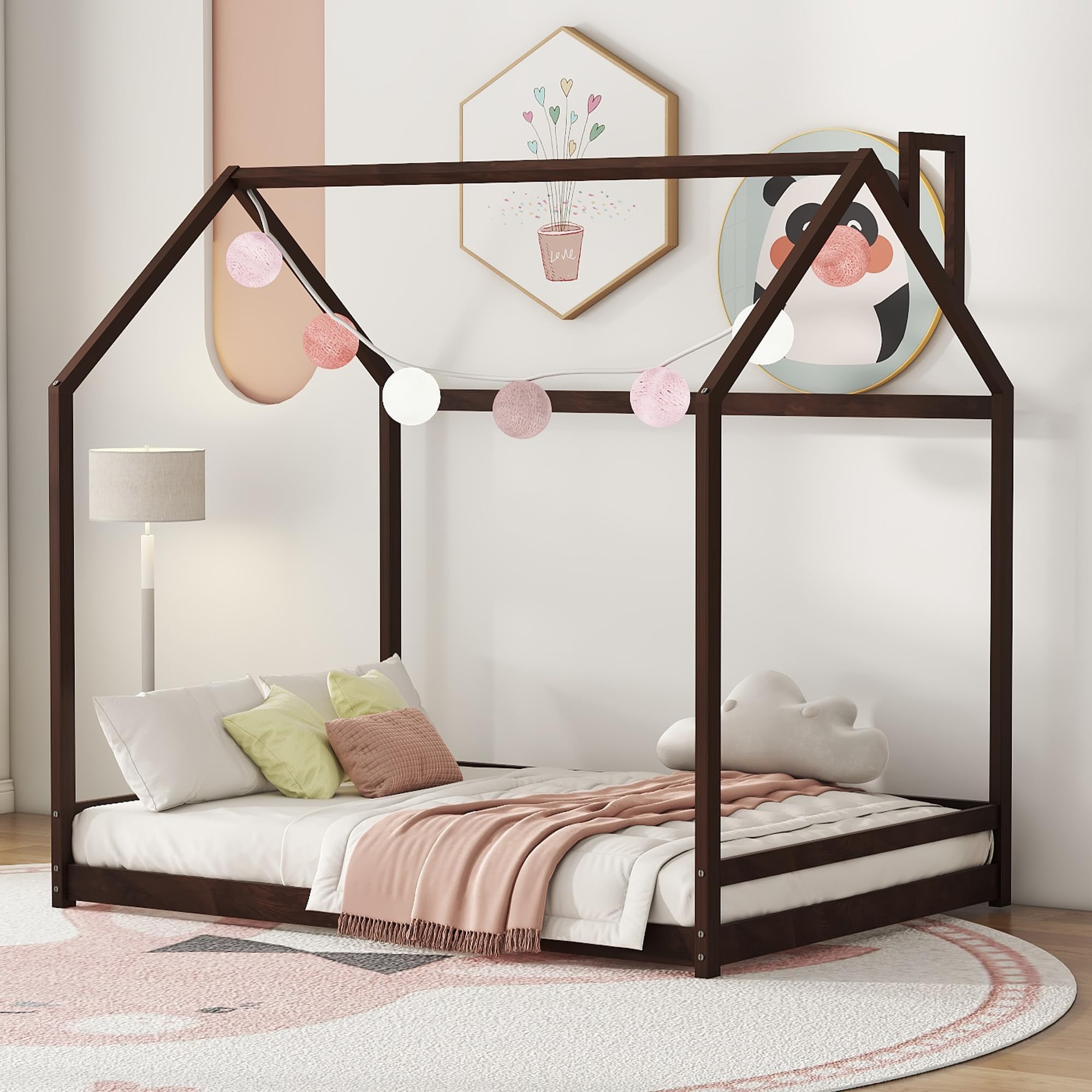BellemaveFull House Bed for Toddlers Montessori Bed for Kids Wood Floor Bed Frame Bedroom Furniture for Girls Boys, Espresso