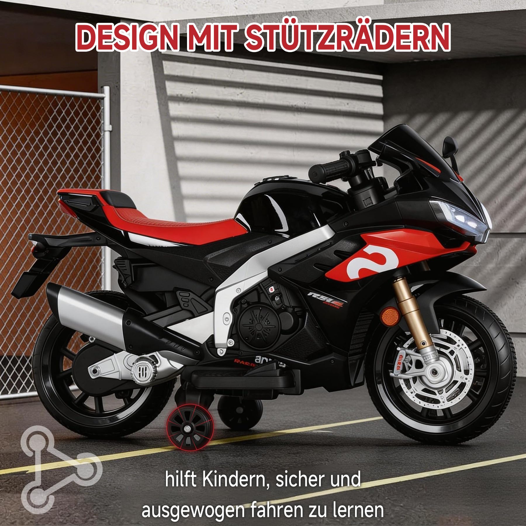 Kinder Motorrad Elektrisch mit 12V Akku, Kinder Motorrad Led Licht, Elektro Motorrad Kinder Bluetooth, USB, Fernbedienung, 3–8 km/h, bis zu 45 Min, Schwarz
