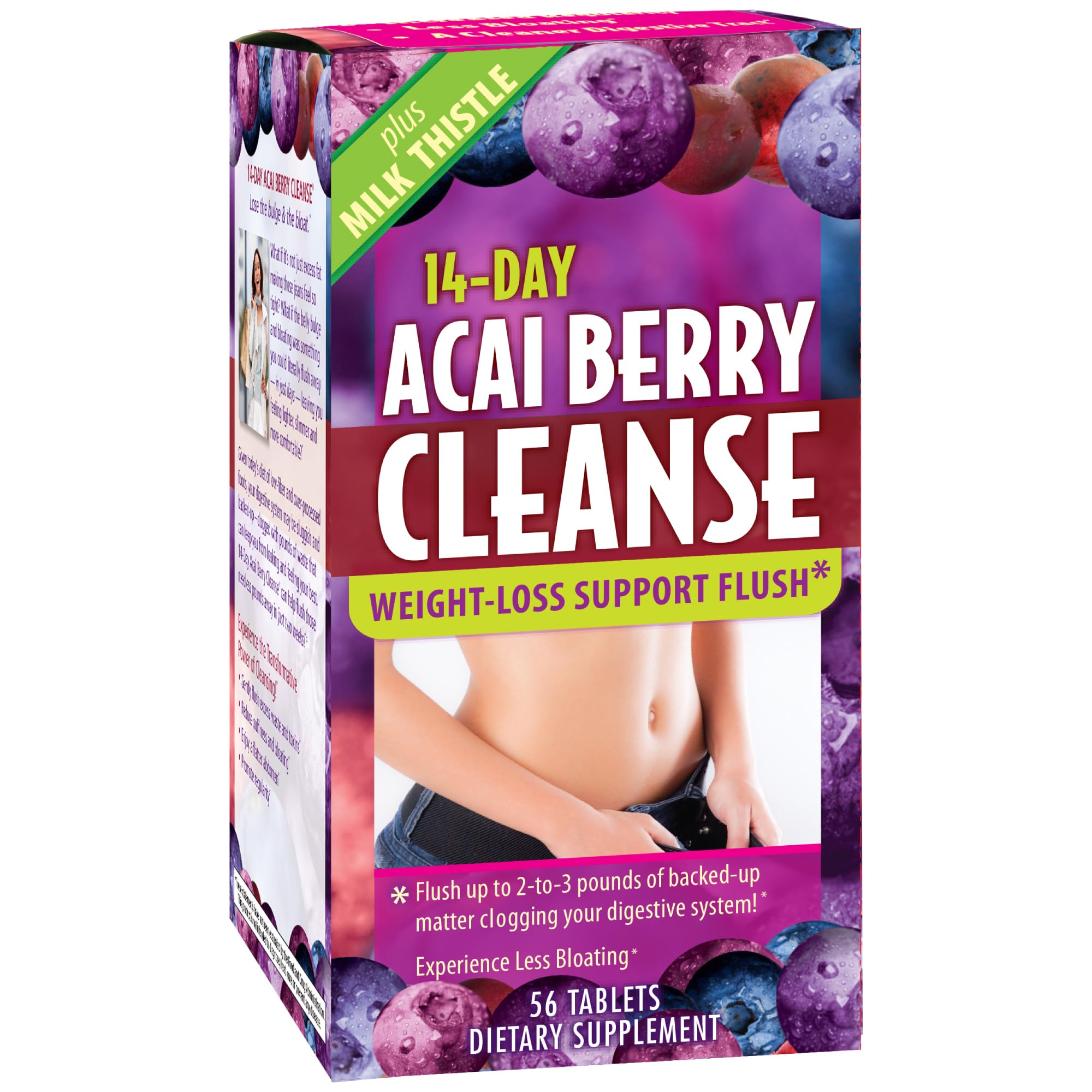 14-Day Acai Berry Cleanse - 56 Tablets - Weight-Loss Support Flush + Milk Thistle - 28 Servings