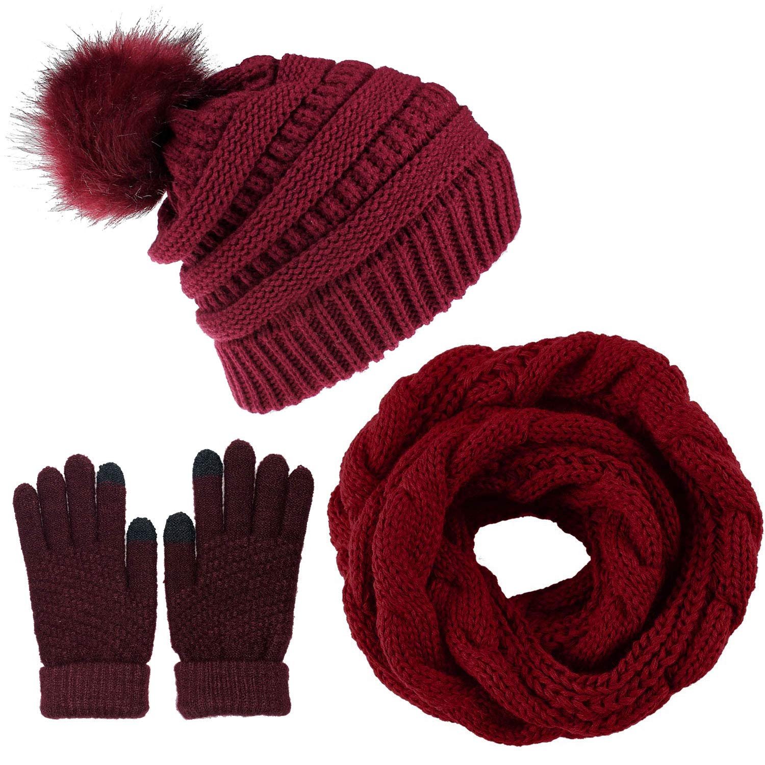 CheChury Ensemble Hiver Femme: Bonnet à Pompon, Écharpe Loop et Gants Écran Tactile Tricotés