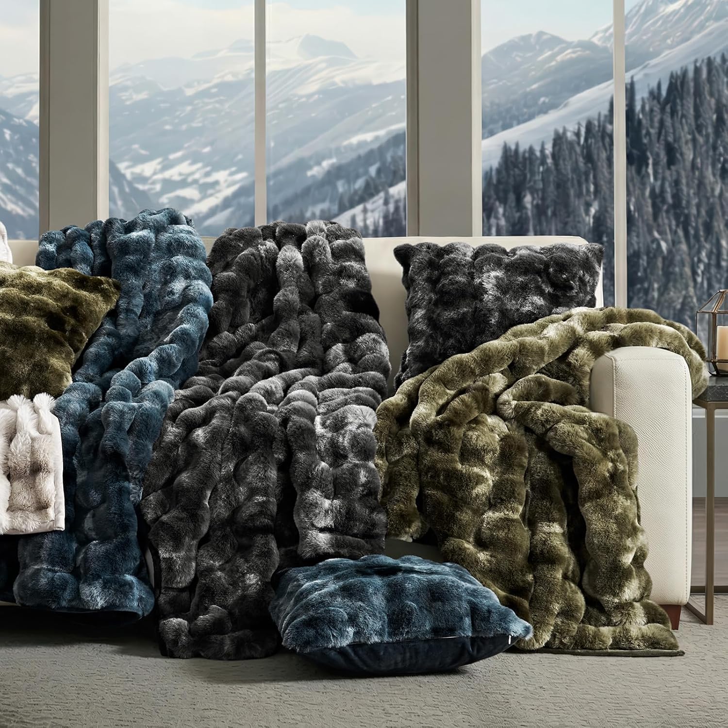EverGrace Ultra Soft Luxury Fluffy Faux Rabbit Fur Throw Blanket, Thick Warm Bubble Throw for Bed, Cozy Plush Reversible Blankets for Couch, Chair, Sofa, Marble Olive, 60x80 Inches