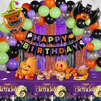 Halloween Birthday Party Decorations, 102 Pcs Halloween Happy Birthday Banner, Confetti Pumpkin Cat Bat Balloon Arch Foil Fringe Curtain and Tablecloth for Kids Party Supplies
