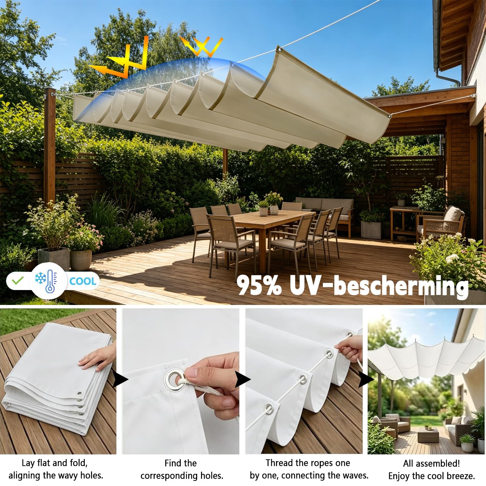 Toldo Retráctil Tipo Ola 100 x 700 cm con Ojales y Cuerda, Vela Sombra Impermeable y Rectangular con Bloqueo UV y Resistencia a Desgarros para Jardín Porche Patio Barbacoa, Caqui