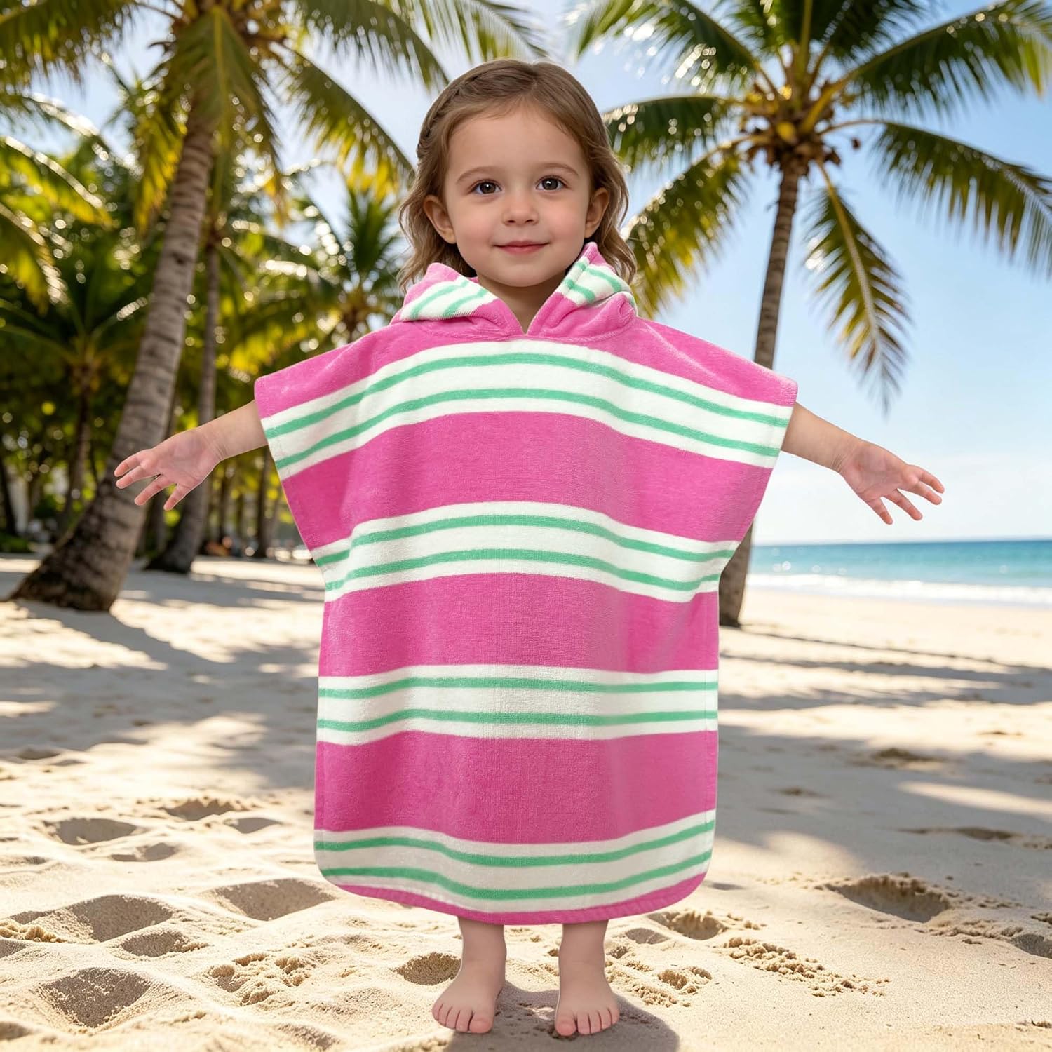  Toddler Towel with Hood, 100% Cotton, Oversized (2-4Years,21"X21"),Absorbent Hooded Poncho Towel for Baby,Perfect for Pool | Swimming | Bath | Beach,Green Rose Stripe thumbnail