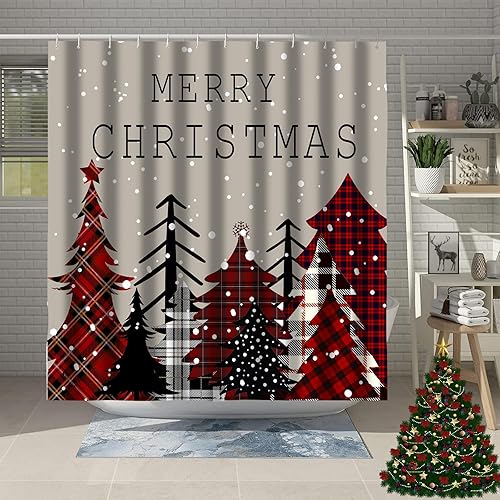 Miniatura 10 de ubnlkto Cortina de ducha roja de Navidad, cortina de baño con copos de nieve brillantes, decoración de baño, tela de poliéster lavable y duradera
