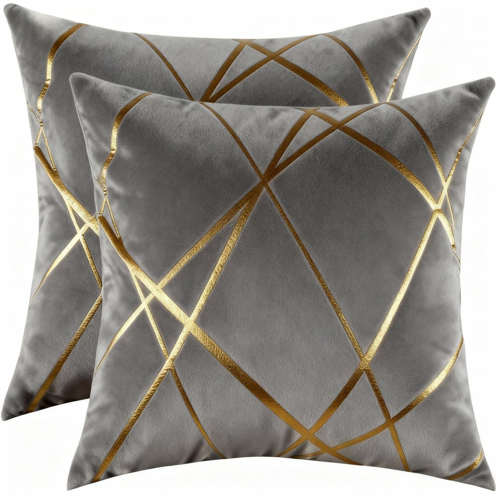Miuyunya Luxury Velvet Cushion Covers 45cm x 45cm Gold Striped Decorative Throw Pillow Covers with Invisible Zipper Cushion Case Couch Pillowcases for Sofa Living Room Bedroom Sets of 2 Gray