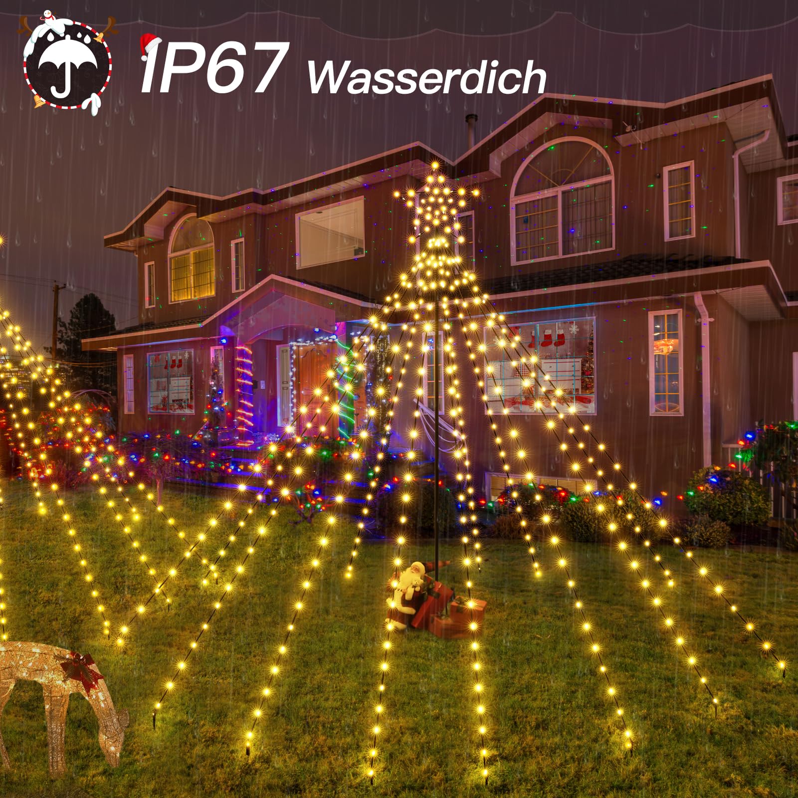 Christbaumbeleuchtung mit Ring und Sterne, 340 LEDs Lichterkette Weihnachtsbaum Warmweiß mit Fernbedienung, 8 Modi dimmbar, Timer, Weihnachtsbeleuchtung Außen für Garten, Rasen und Außenbereich