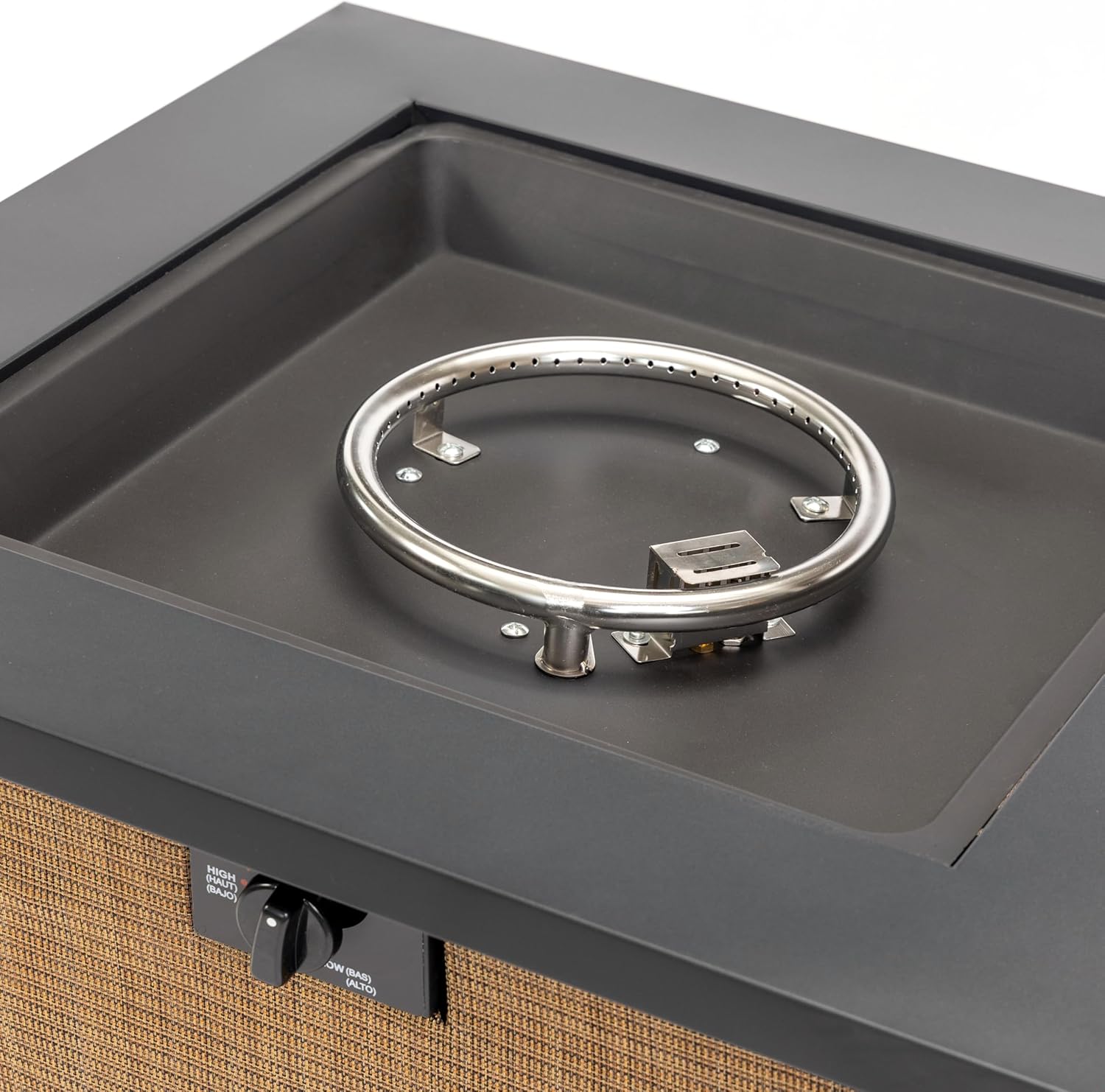 28" Propane Gas Fire Pit Table, 50000 BTU Square Outdoor Fire Pit with Steel Tabletop & Textilene Base, Patio Fire Table with Lid, Lava Rocks & Rain Cover for Backyard Deck Garden, Brown