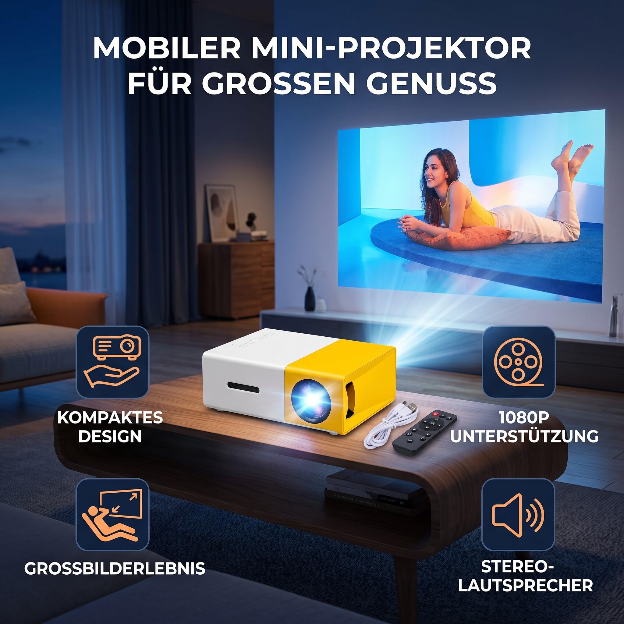 Ejoyous Proiettore piccolo, 1080P 100ANSI 1000LM Luminosità Proiettore Portatile per Home Cinema Camera da Letto Supporta Proiettore Film LED