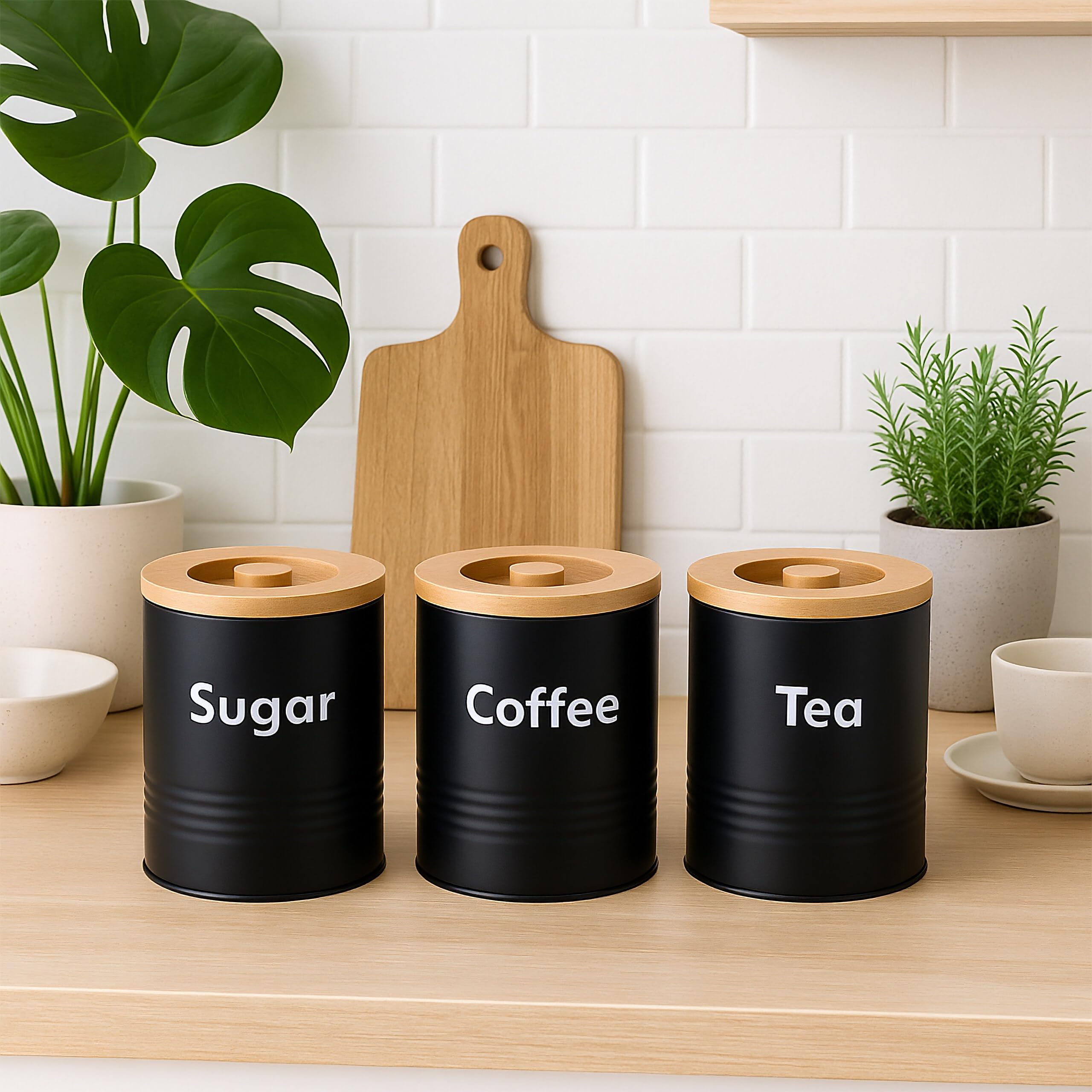 Relaxdays Barattoli da Cucina per caffè, Zucchero e tè, Set 3 Contenitori con Coperchio Ermetico, 14x11 cm, Nero bambù