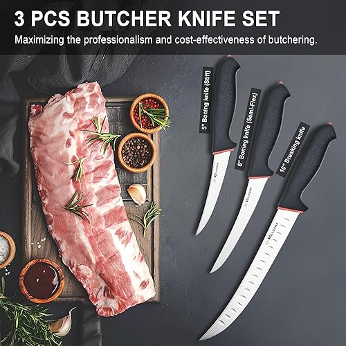 Miniatura 2 de Juego de cuchillos de carnicero de 3 piezas, acero alemán 1.4116 con agarre suave antideslizante, kit profesional de corte y deshuesado de carne,