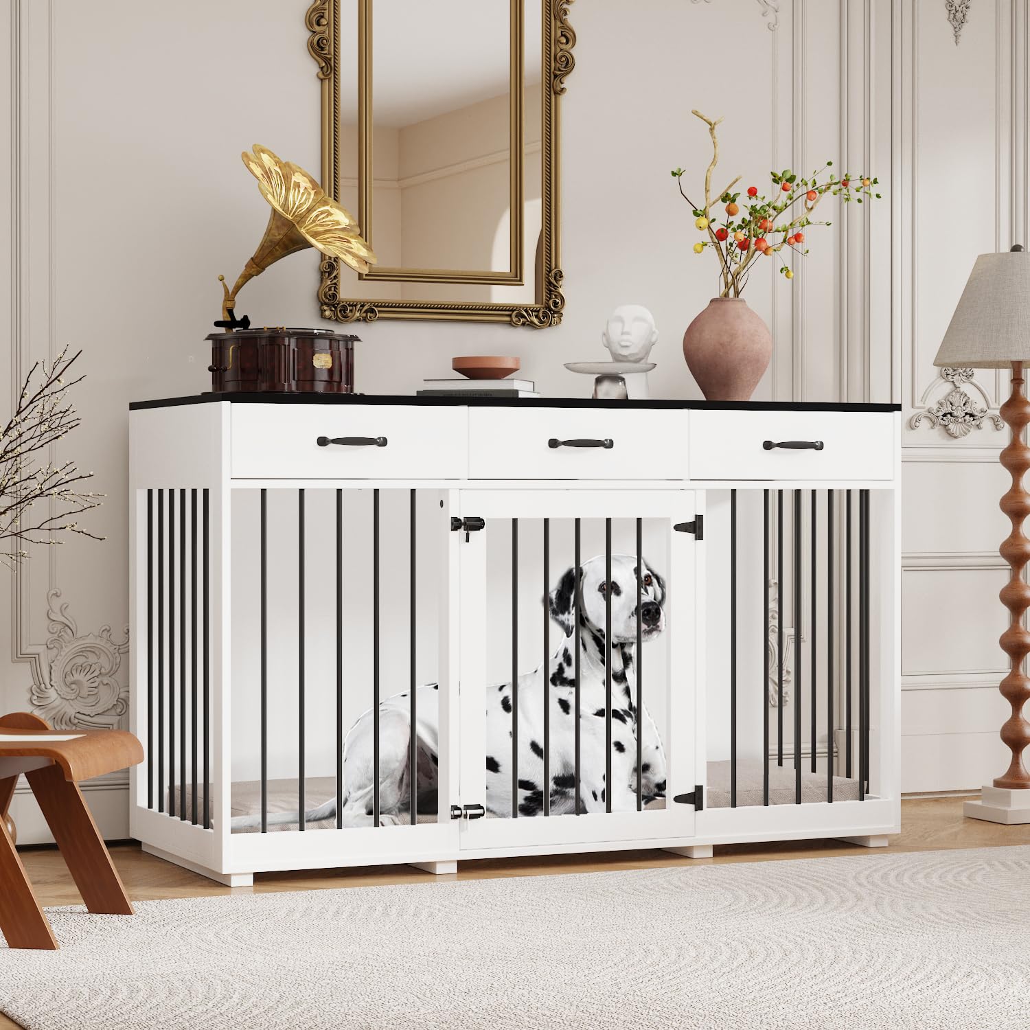 Cage pour chien Palace - Élégante caisse XXL avec tiroirs - 137 x 57 x 85 cm - Meuble et niche pour chien en un - Noir/blanc pour des nez en fourrure soucieux du style