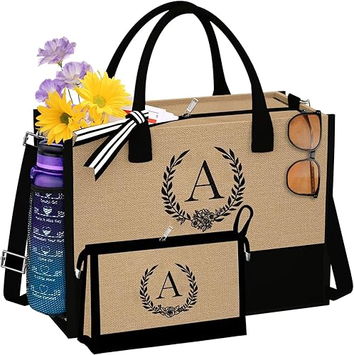 QLOVEAInitial Canvas Tote Bag Makeup Bag, Beach Bag with Zipper, Personalized Birthday Gift for Mom Grandma Sister Friends